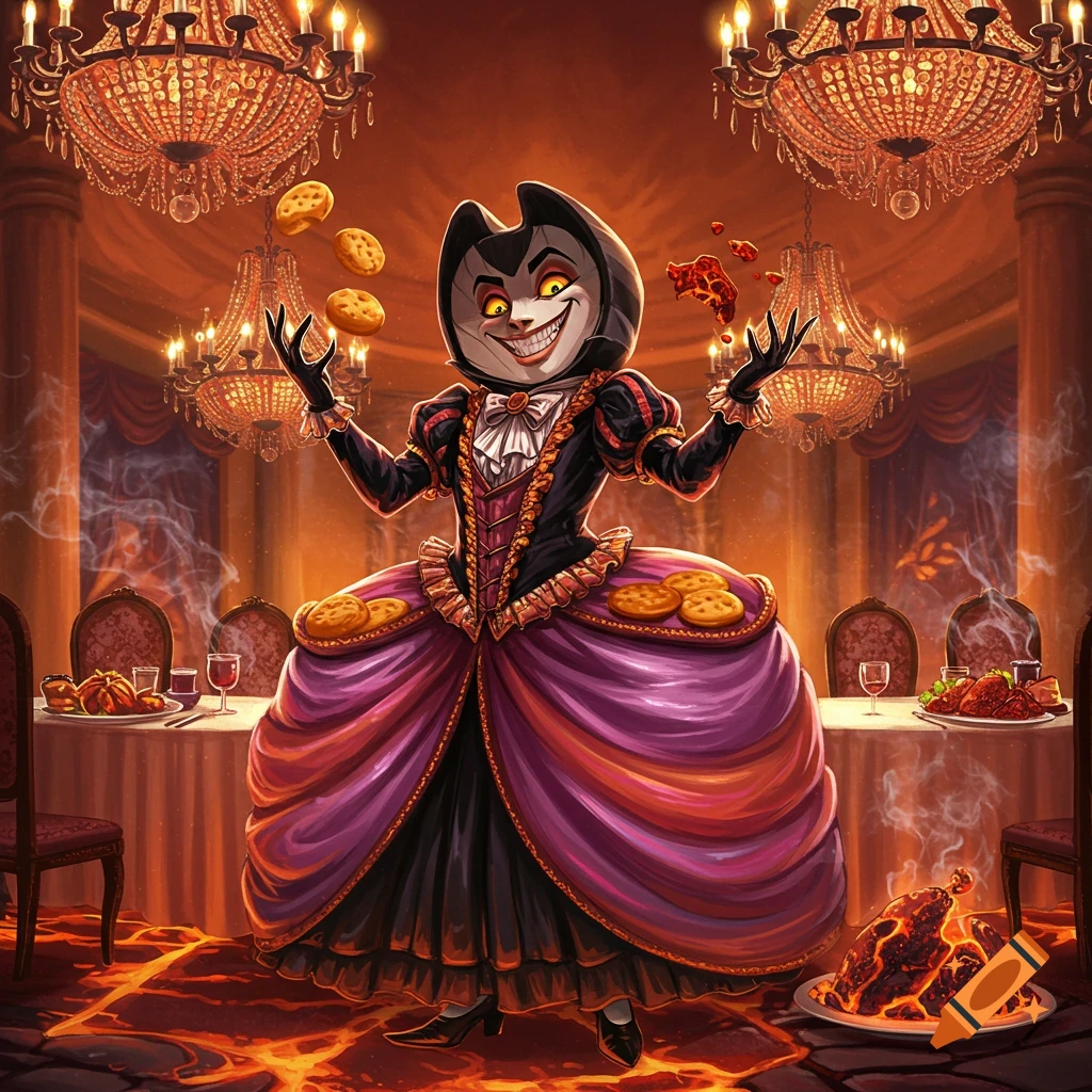 A cartoon cat-like character in a lavish purple and black dress juggles cookies in a dining room with a lava floor and smoking food.