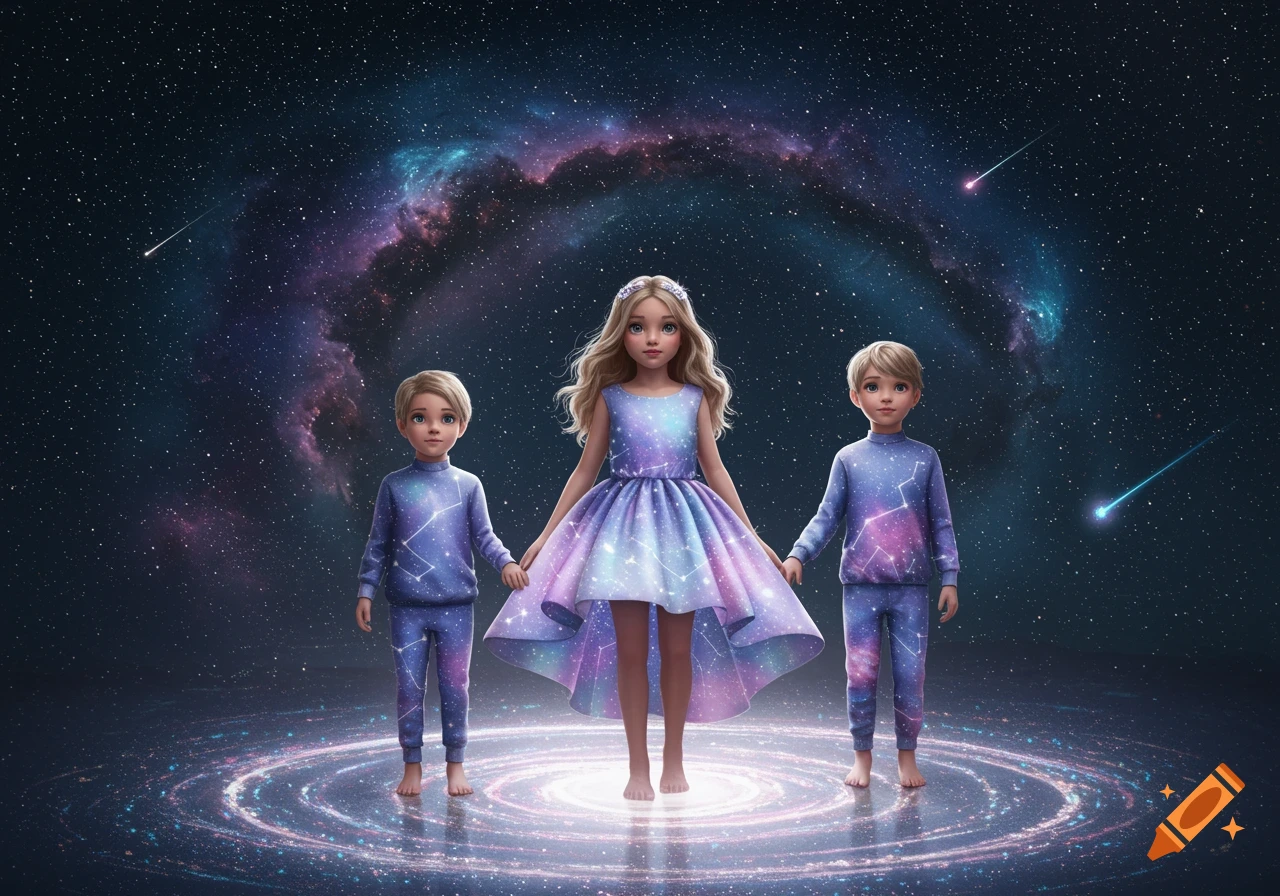 A girl in a glowing space dress stands between two boys in matching space suits, all barefoot on a cosmic swirl under a starry nebula sky.