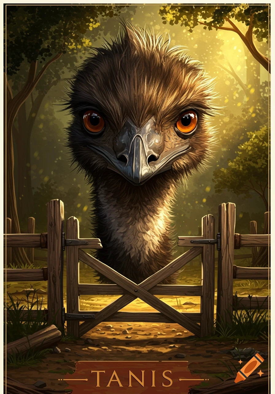 Illustrative close-up of an emu's head and neck peering over a wooden gate in a sunny forest, with the word TANIS at the bottom.