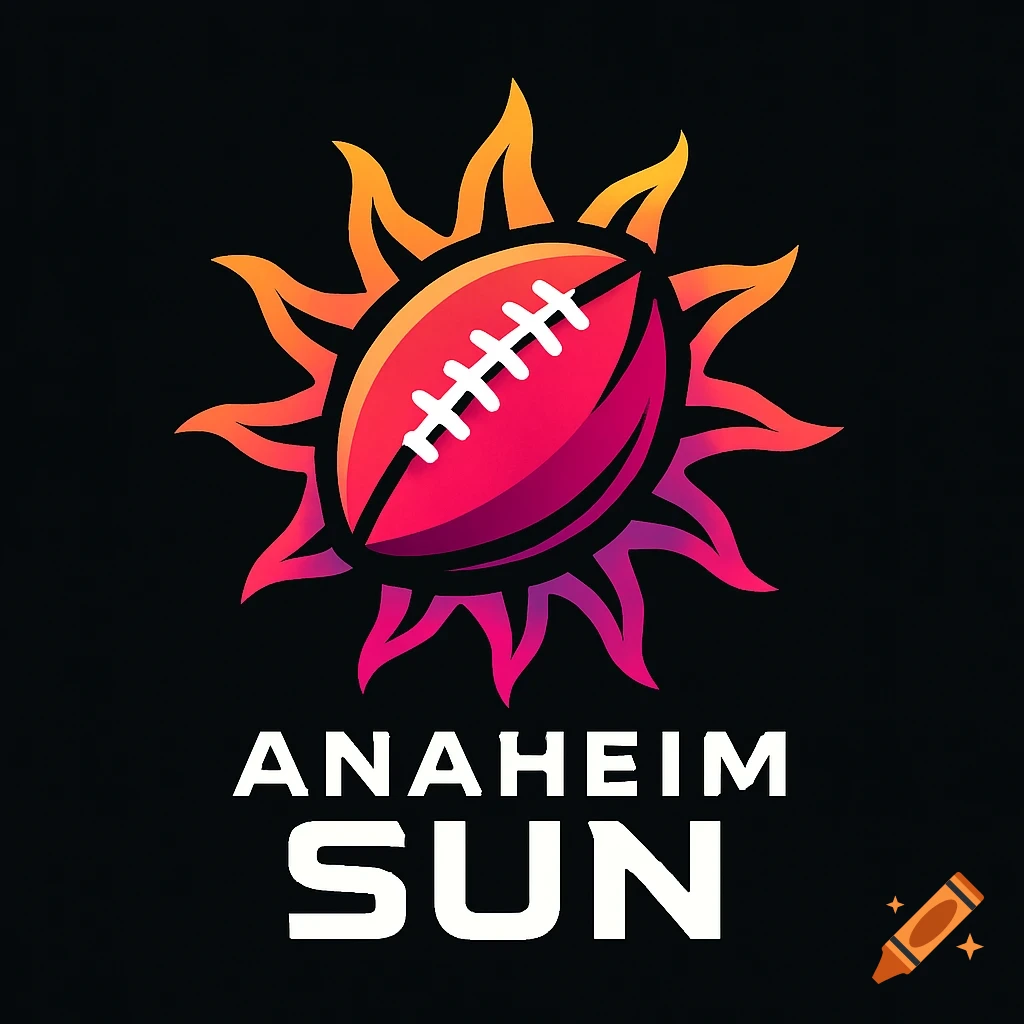 A stylized logo with an orange, pink, and purple sun behind a red American football, with the text "ANAHEIM SUN" below it, all on a black background.