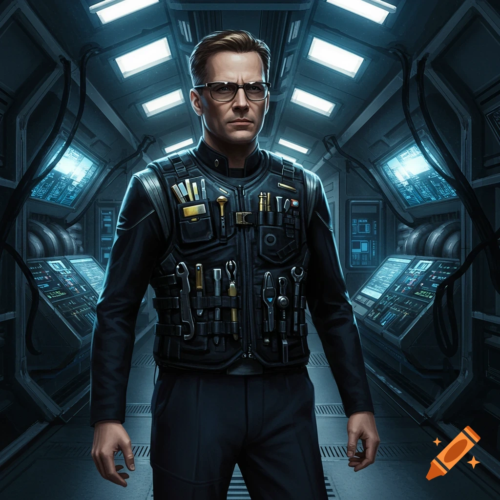 A man in an engineer's vest with tools stands in a futuristic spaceship corridor. He wears glasses and looks forward.