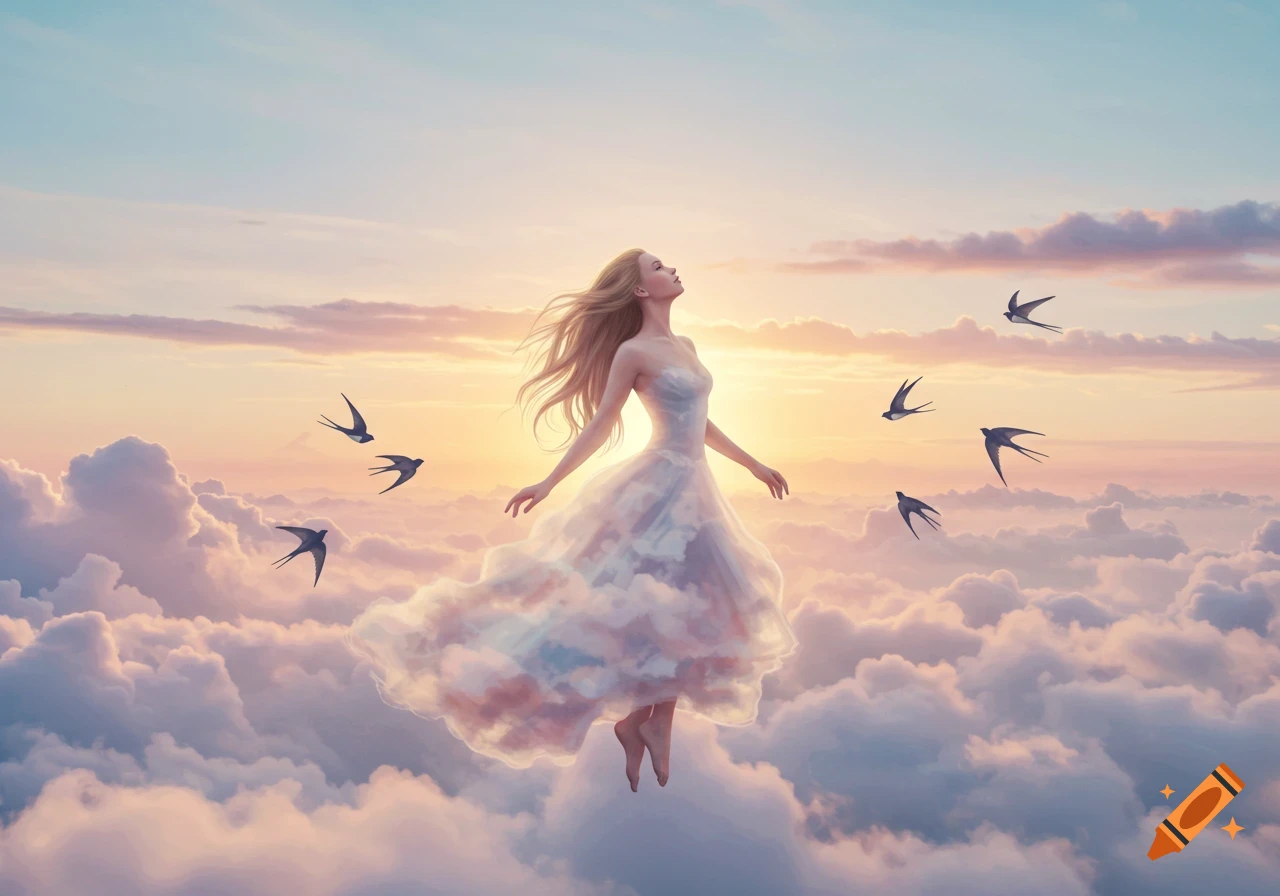 A woman in a flowing dress floats gracefully among pink and blue clouds at sunset, surrounded by birds. Dreamlike digital art.