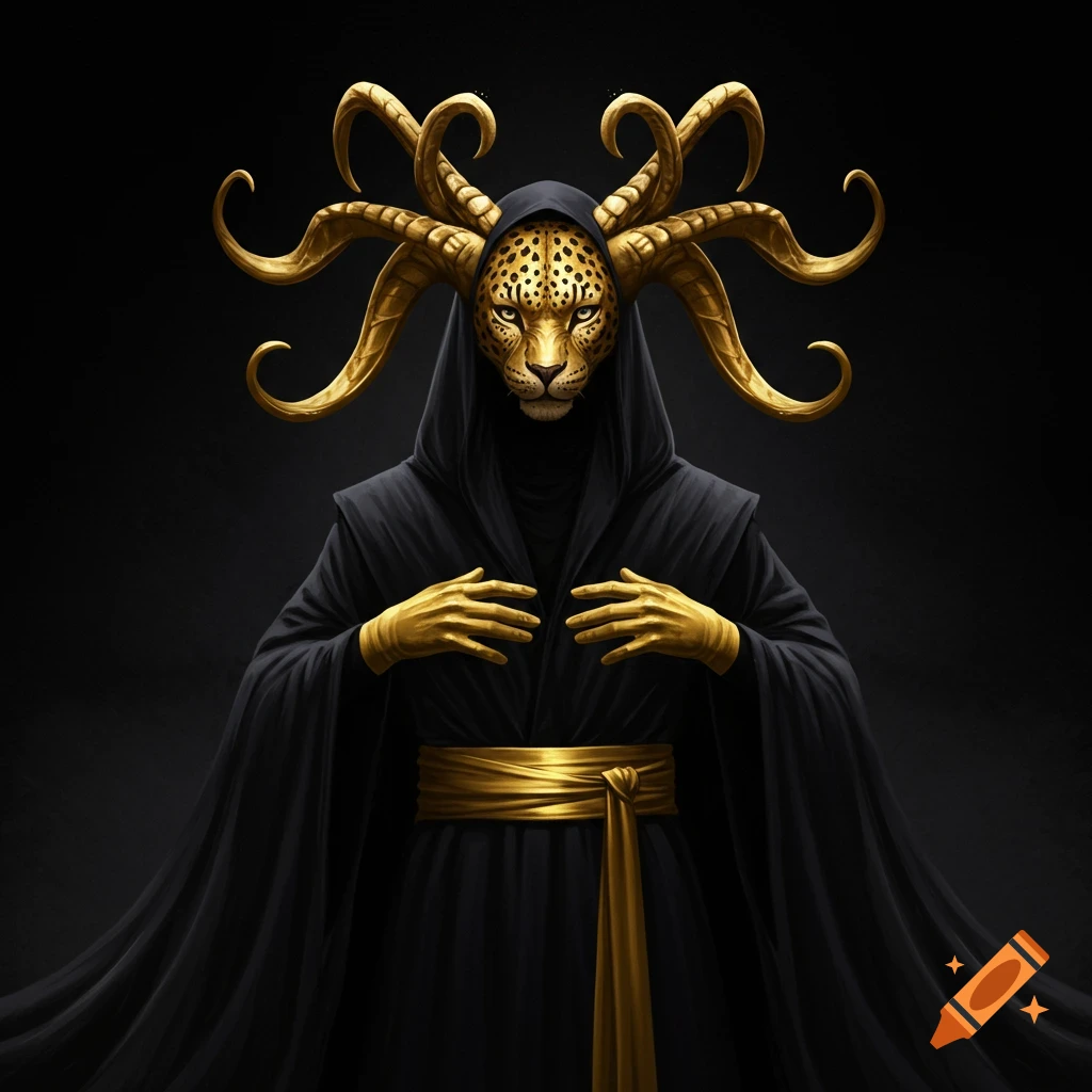 Figure in black hooded robes with gold gloves and sash, wearing a golden leopard mask with many horns against a dark background.