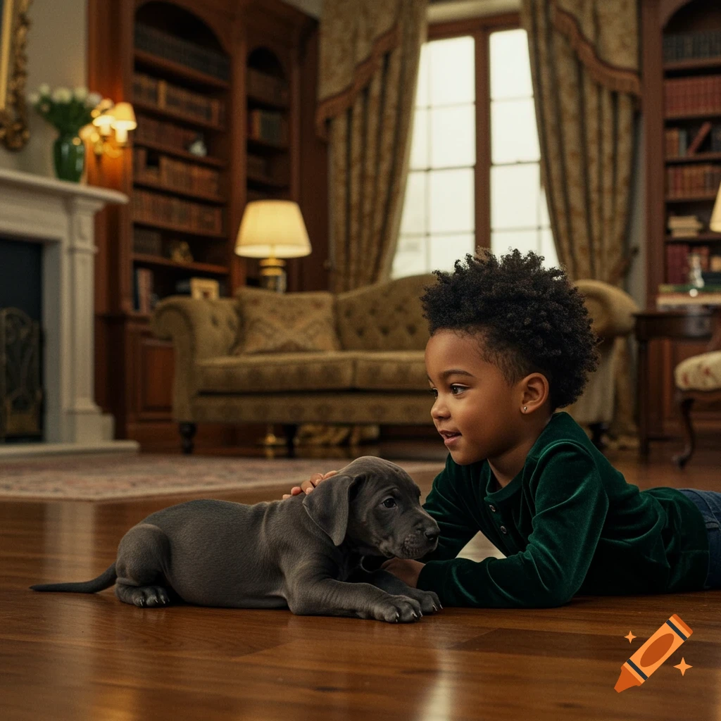 A young boy with an afro buzz cut and dark green shirt lies on a wooden floor, petting a grey puppy in a luxurious living room.