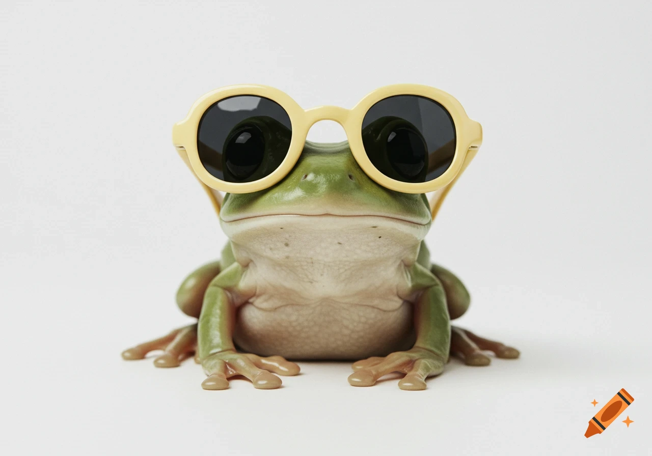 A photorealistic ceramic frog wearing pale yellow sunglasses, facing the camera against a white background.