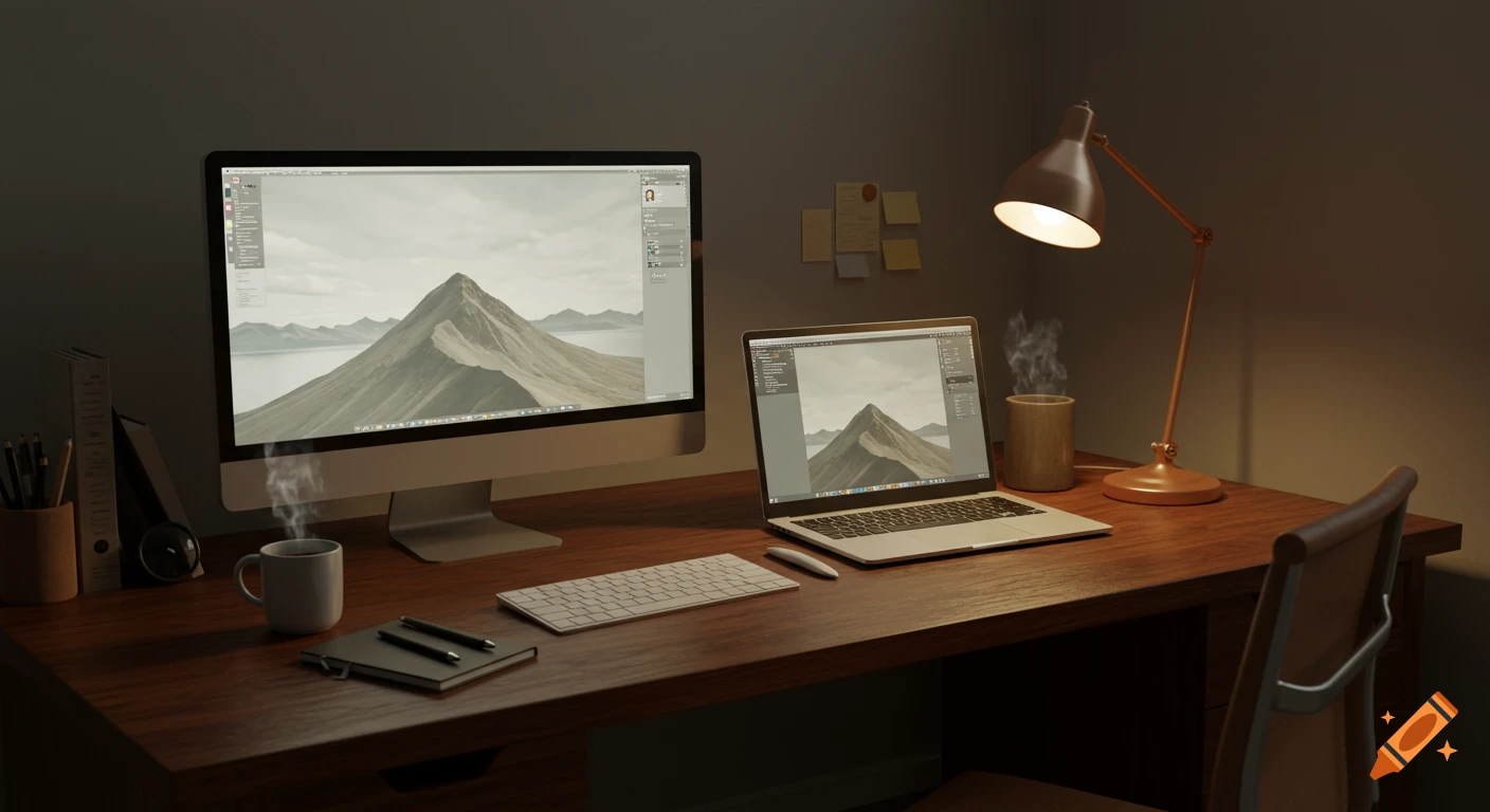A dimly lit realistic desk with a desktop computer, a laptop, a warm desk lamp, two steaming mugs, a keyboard, mouse, and office supplies.
