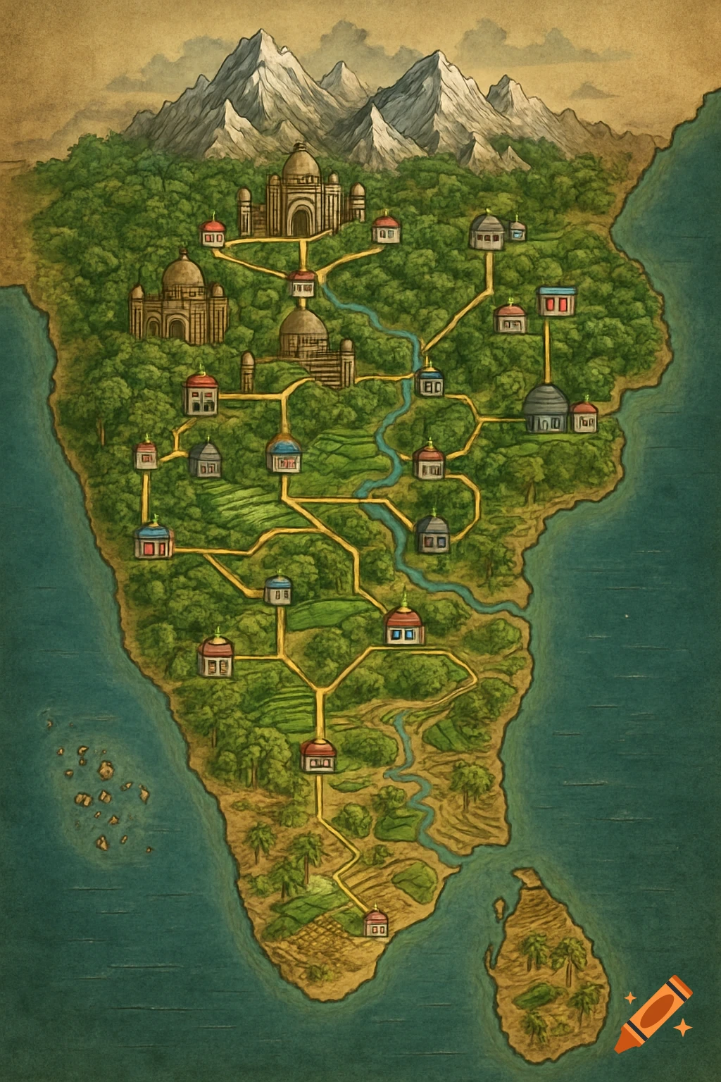 A stylized fantasy map resembling India and Sri Lanka, with mountains, forests, rivers, villages, and temple-like structures.