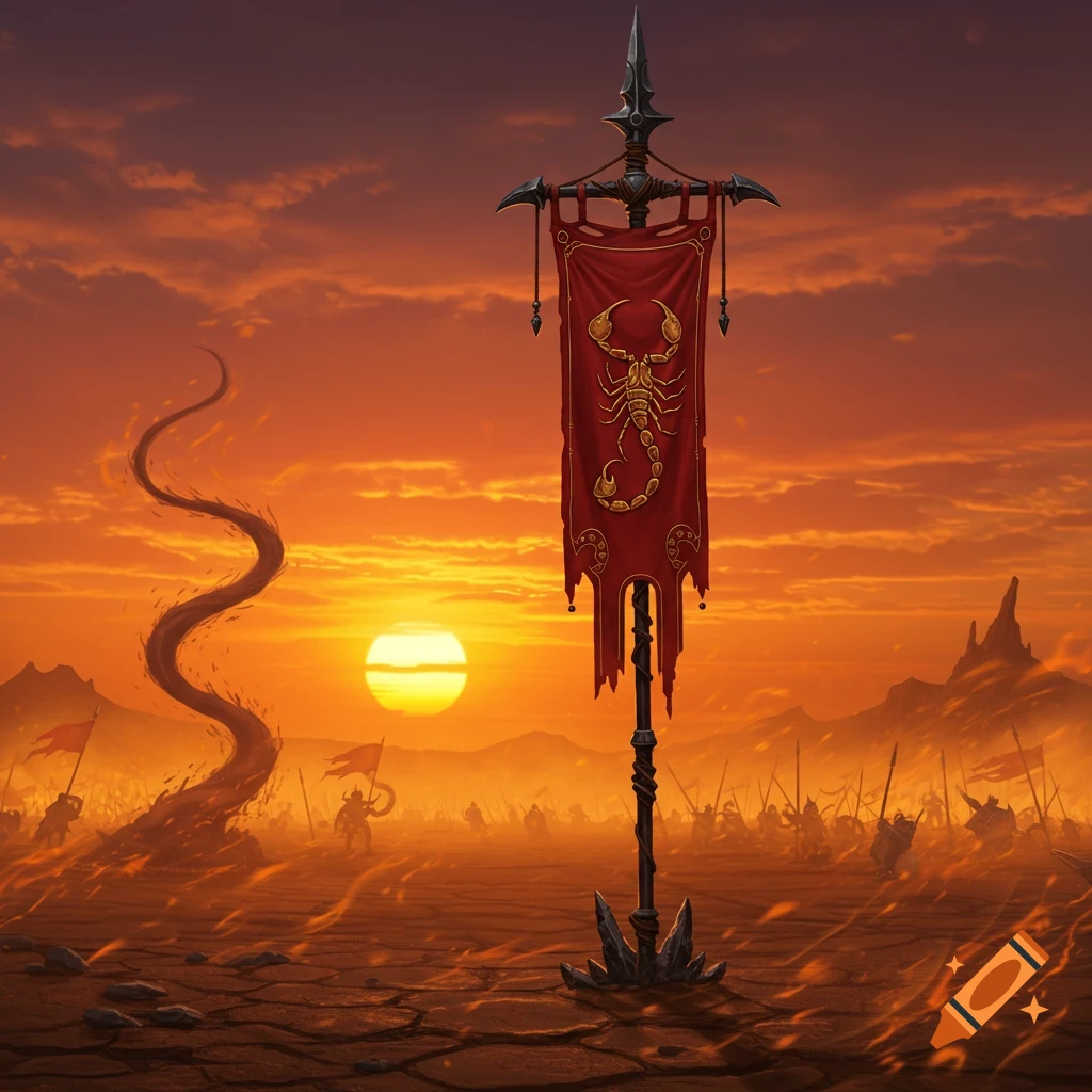 A red fantasy battle standard with a golden scorpion emblem stands in a desert landscape at sunset, with distant armies.