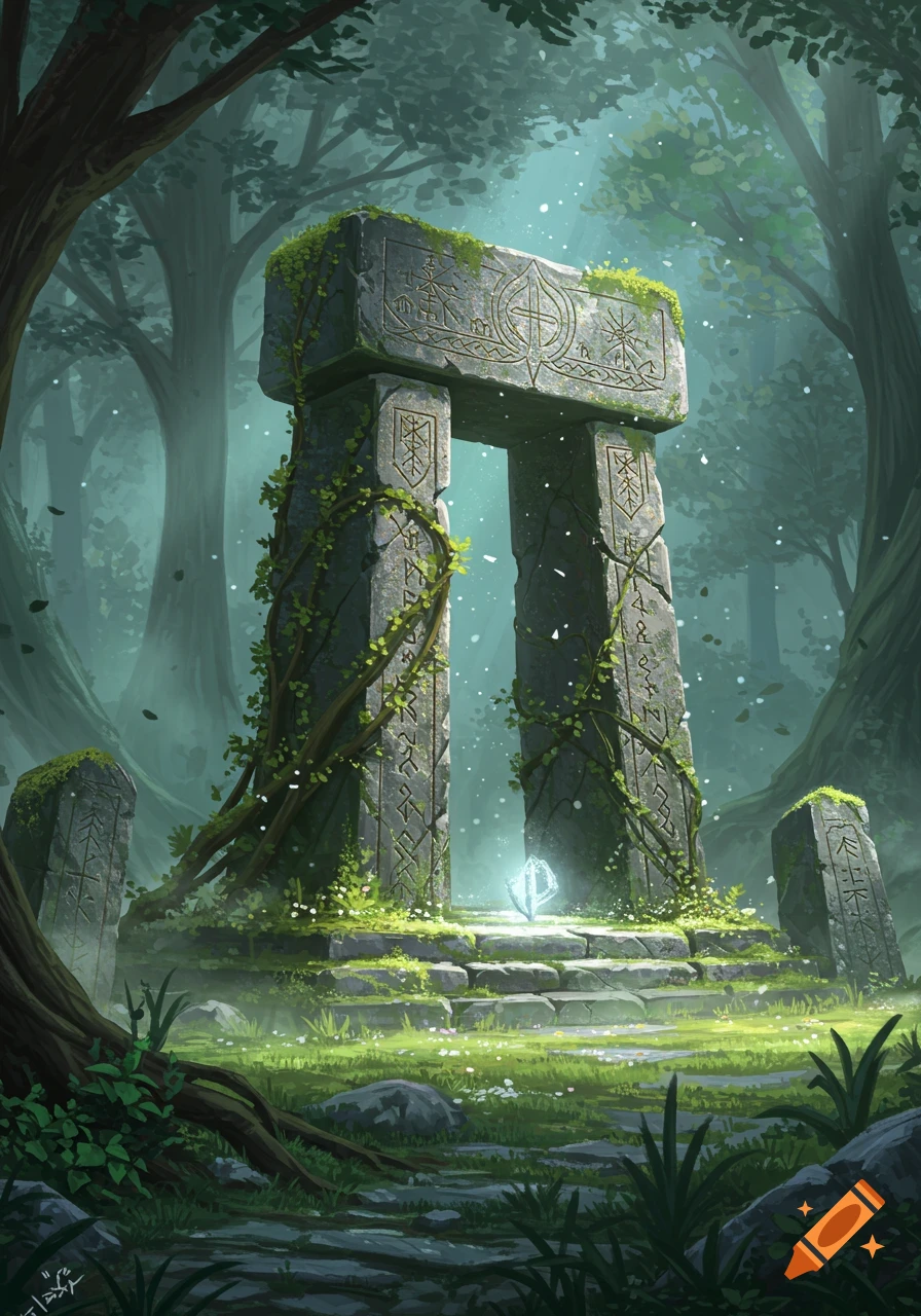 A moss-covered ancient stone altar with runes, glowing with light, set deep in a misty, lush forest. Digital art.