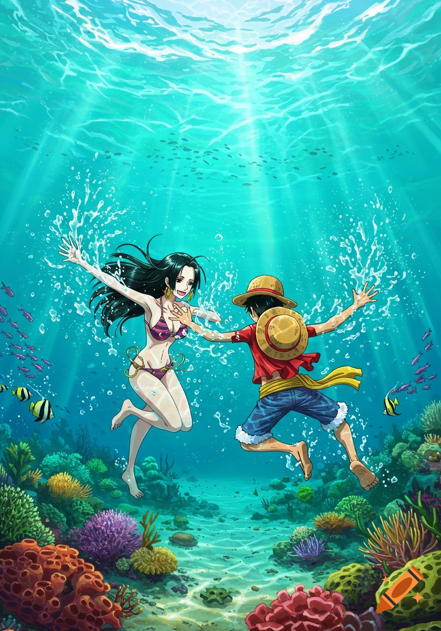 Anime style image of Luffy and Hancock from One Piece swimming underwater in a vibrant coral reef with fish.