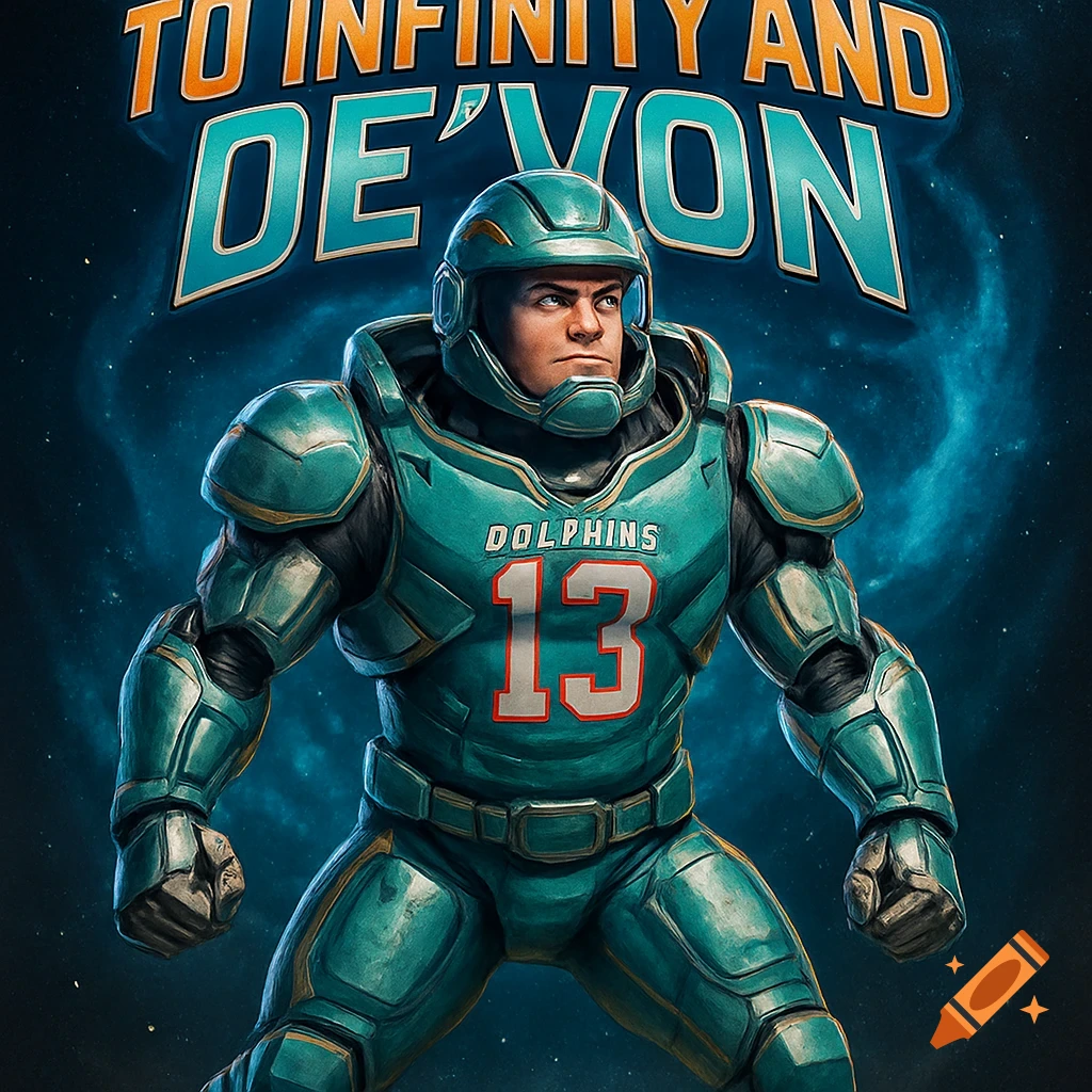 Futuristic teal Miami Dolphins football player with '13' on his chest and 'TO INFINITY AND DE'VON' above, against a space background.