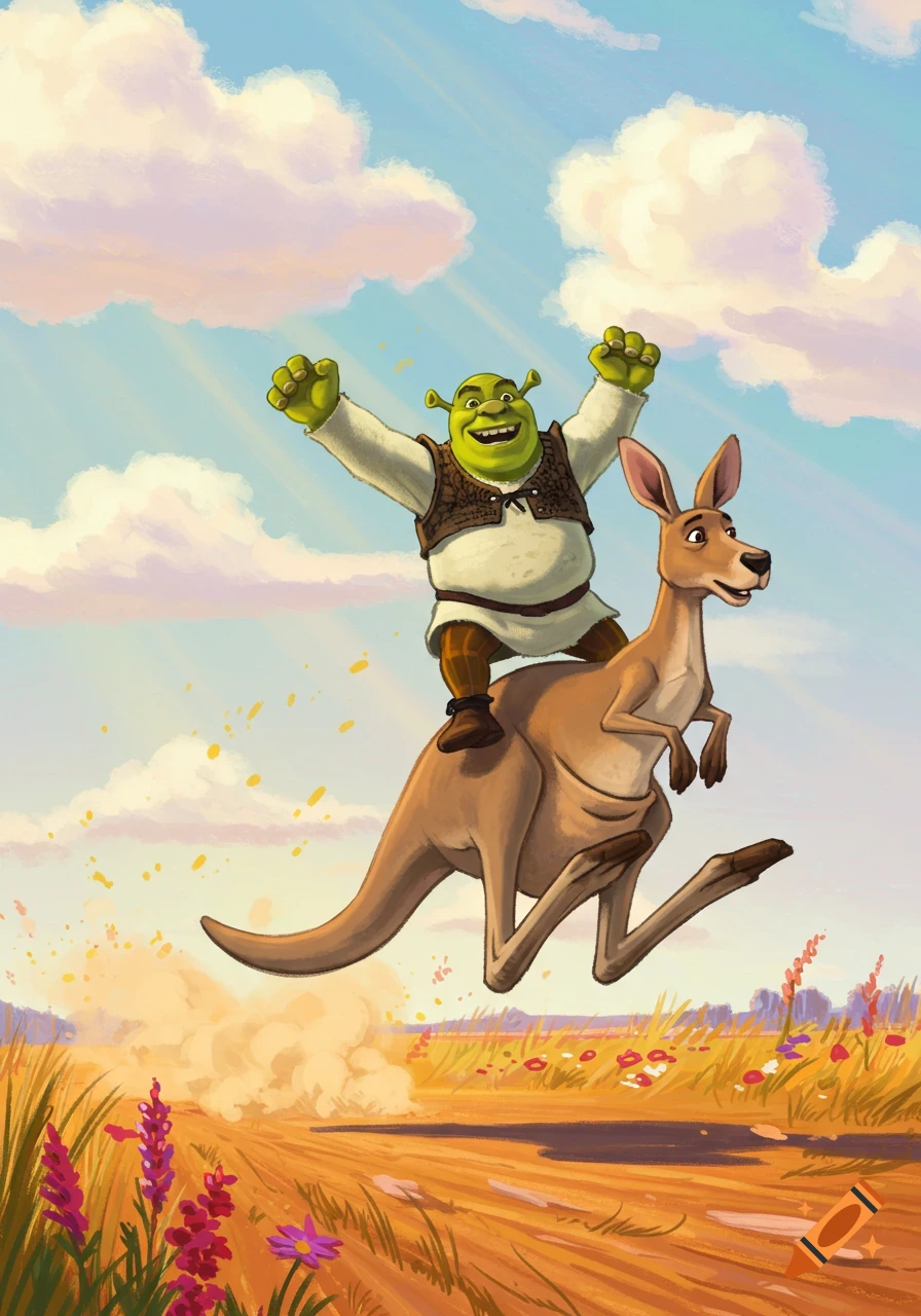 Shrek joyfully rides a hopping kangaroo through a sunny, colorful field under a cloudy sky in a cartoon style.