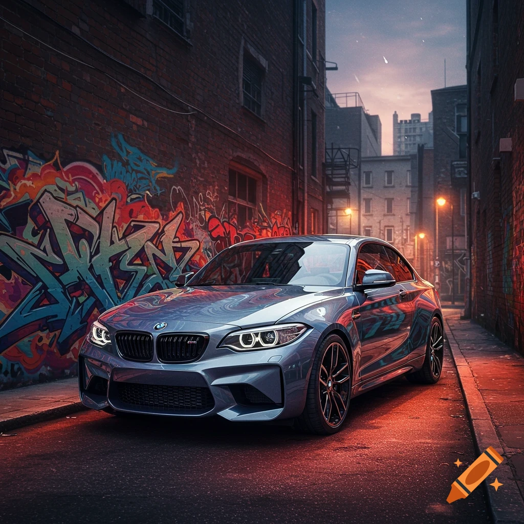 A stylized grey BMW M2 parked in a dark alleyway with colorful graffiti on brick walls under a sunset sky.