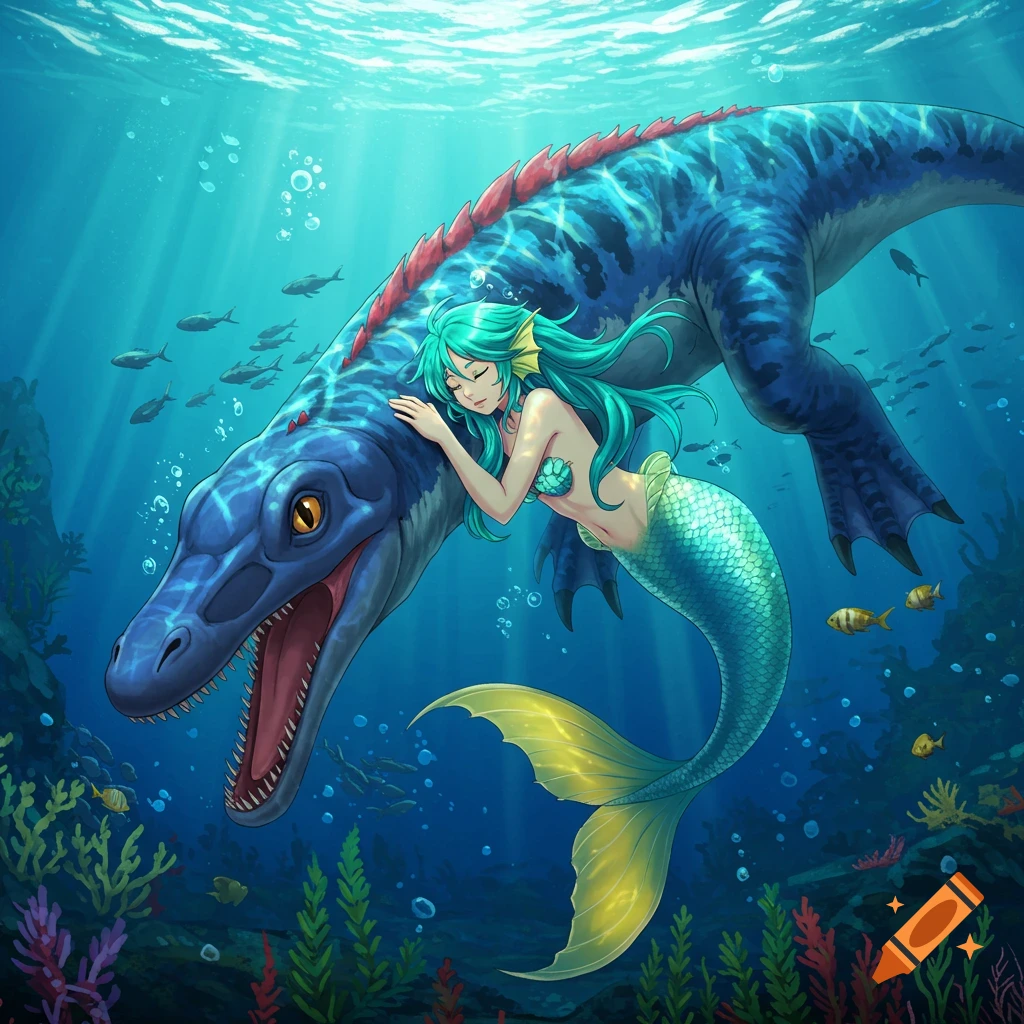 Anime mermaid with teal hair and seashell top sleeps on a large blue marine reptile in a vibrant underwater scene.