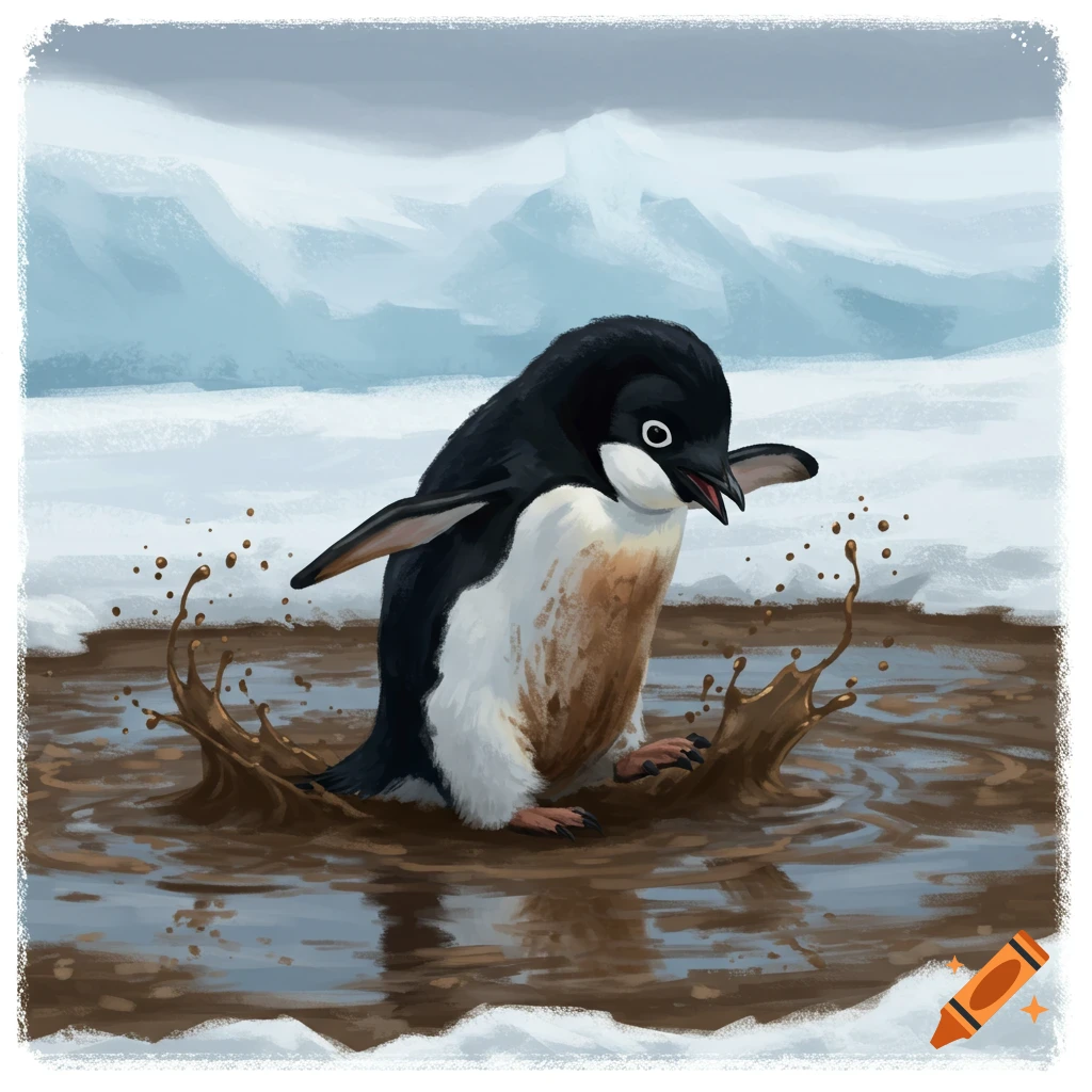 An illustrated Adelie penguin enthusiastically splashing in a muddy puddle, set against a snowy landscape.