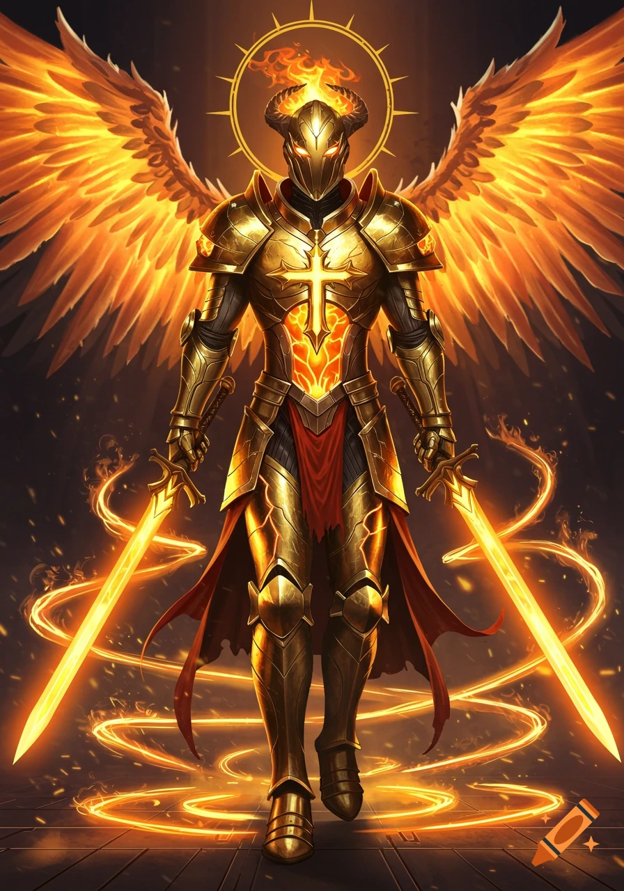 A futuristic golden armored warrior with fiery wings and two flaming swords, emitting divine light and surrounded by swirling fire.