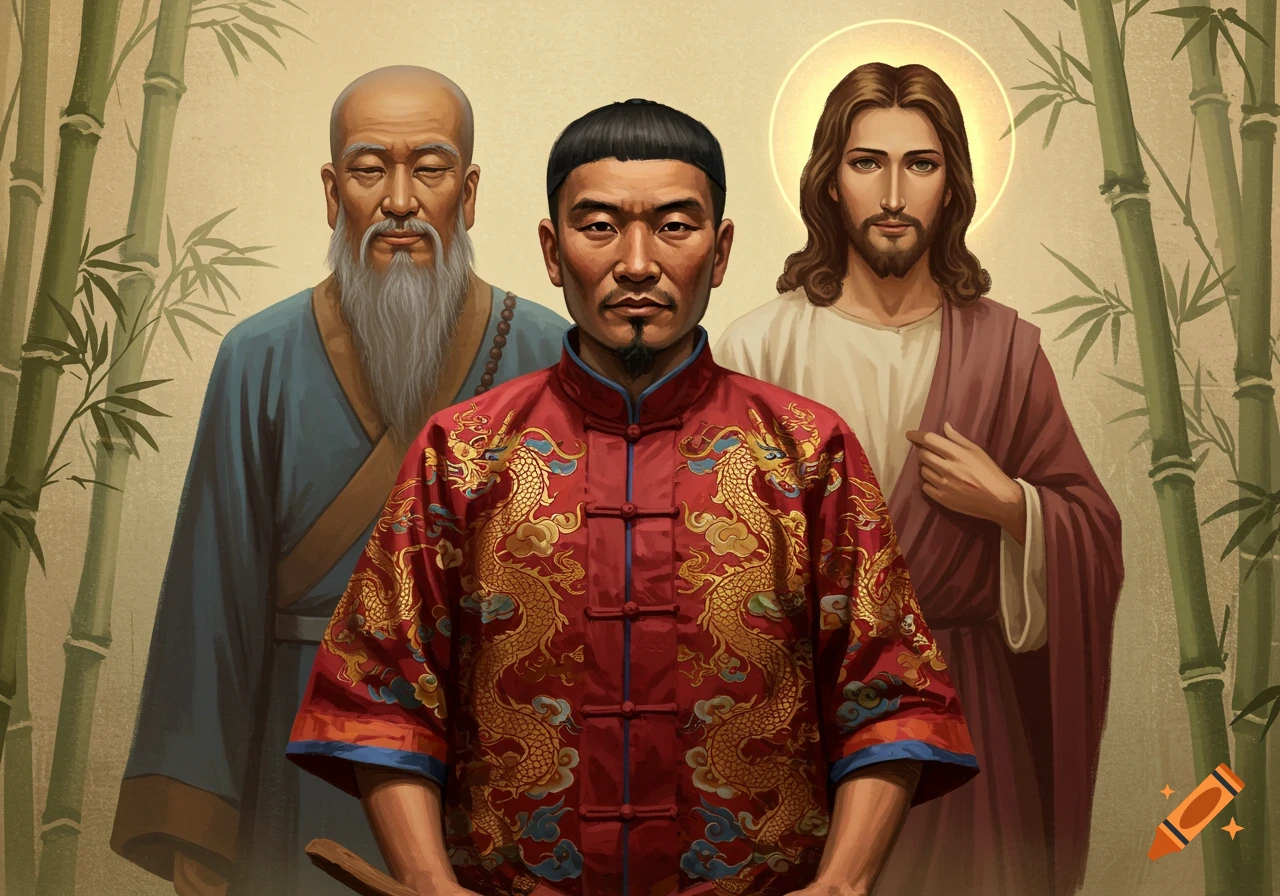 Painting of Lao Tzu, a Chinese man in traditional red clothing, and Jesus, with bamboo stalks in the background.