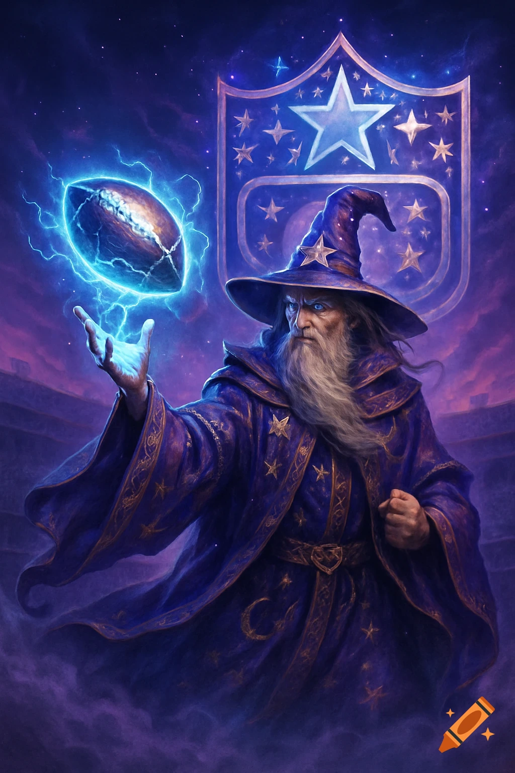 A powerful wizard in a blue, star-spangled robe conjures a glowing American football, with a large shield logo behind him in a cosmic setting.