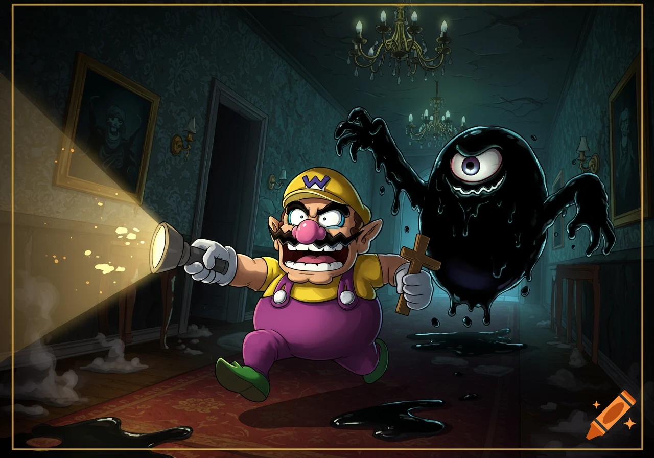 Wario, scared, runs through a dark, cursed hotel hallway with a flashlight and a cross, chased by a black, gooey, one-eyed monster.