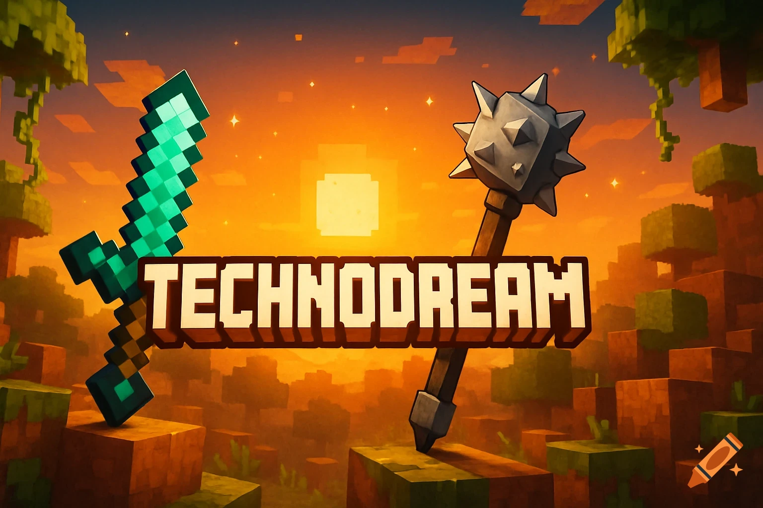 Minecraft-style banner with a diamond sword and mace, set against a sunset, featuring 'TECHNODREAM' text.