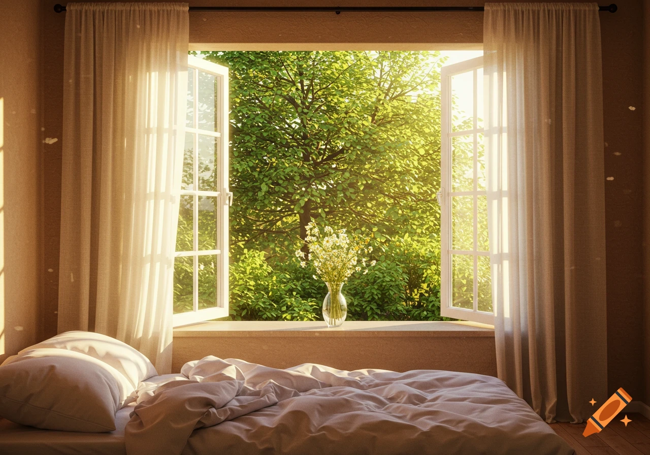 Sunlit bedroom with an open window revealing a lush green tree. A bed with white linens is in the foreground.