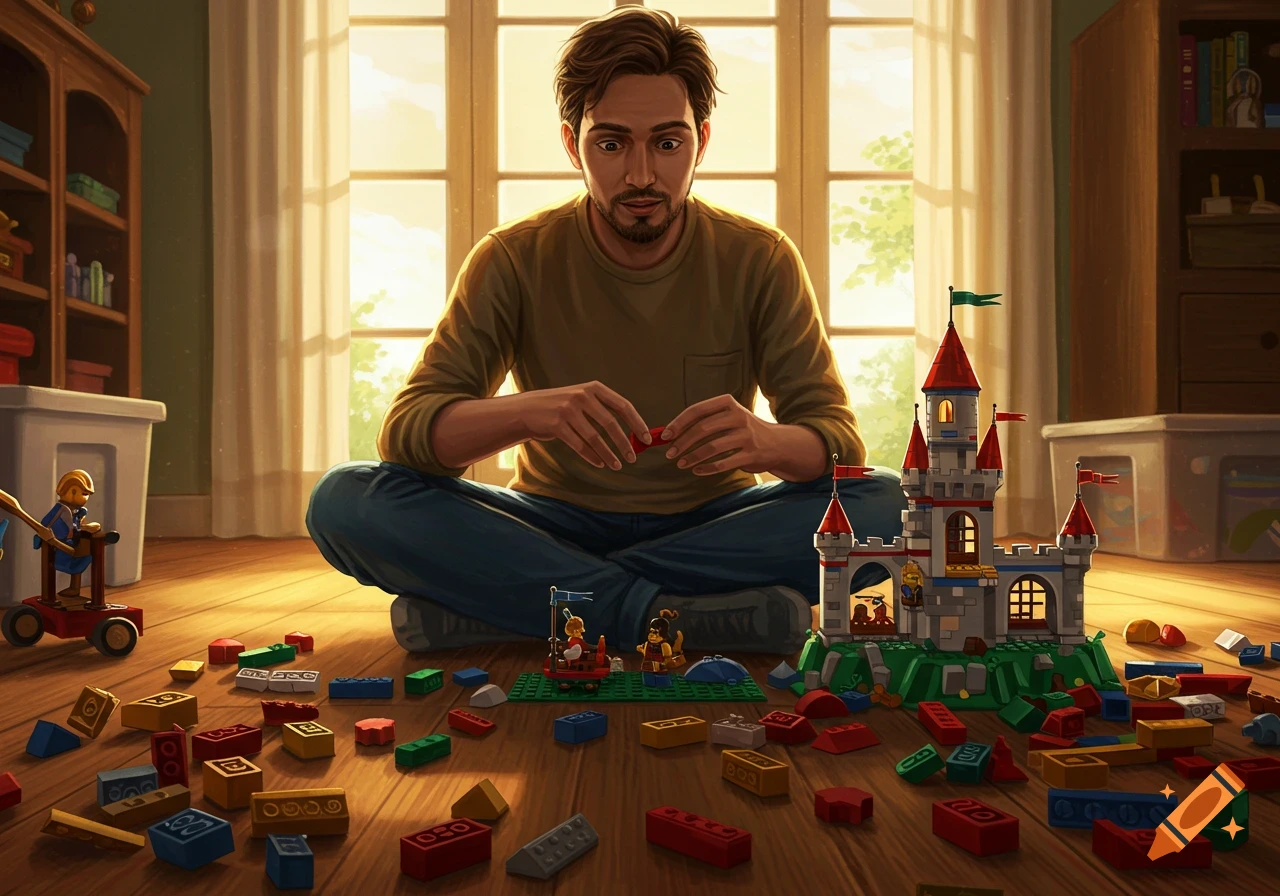 A man sits on a wooden floor, surrounded by colorful LEGO bricks, intently building a LEGO castle near a bright window.