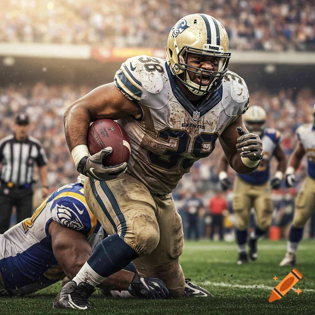 A photorealistic image of a football player in a white and gold uniform running with the ball, breaking a tackle on a grassy field.