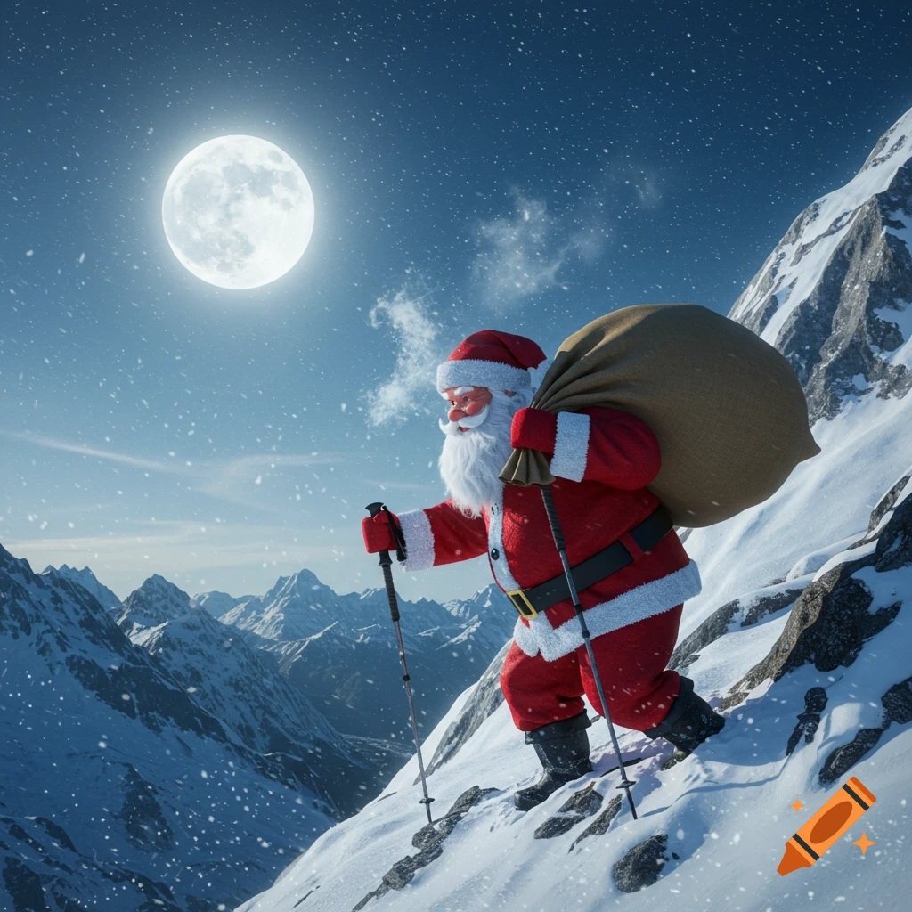 Photorealistic image of Santa Claus hiking up a snowy mountain at night under a full moon, carrying a large sack.