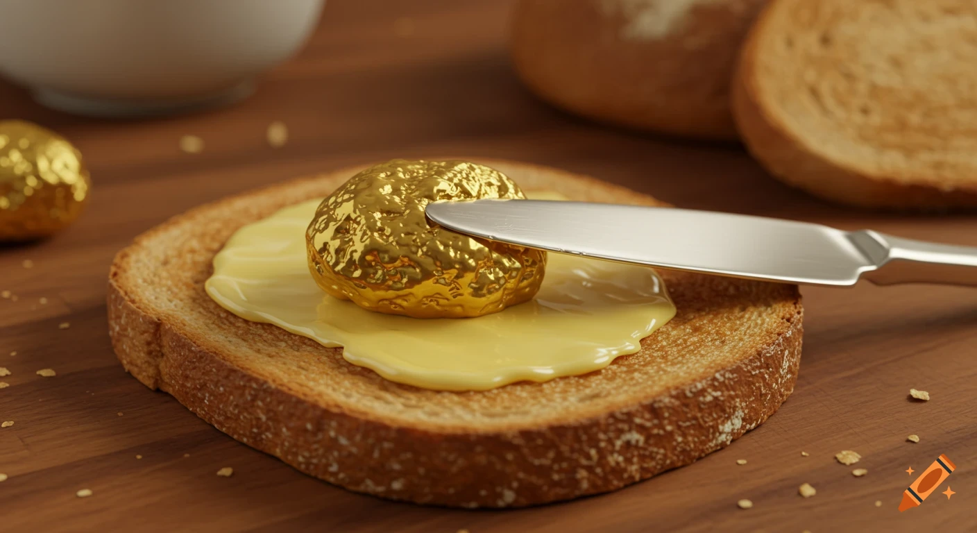 Photorealistic close-up of a gold nugget being spread as butter onto a slice of toast with a knife on a wooden surface.