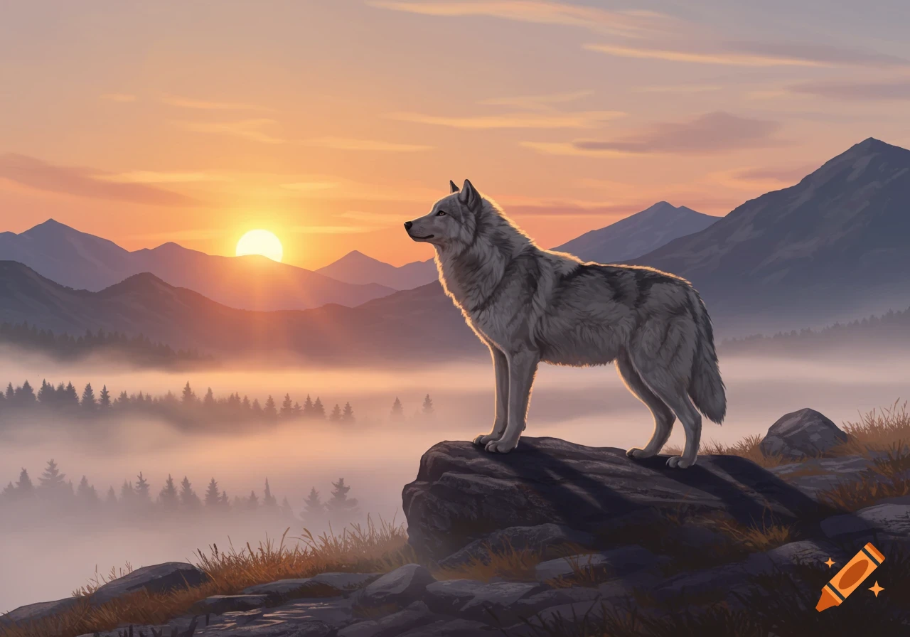 A majestic grey wolf stands on a rocky outcrop, overlooking a misty mountain valley as the sun rises, digital art.