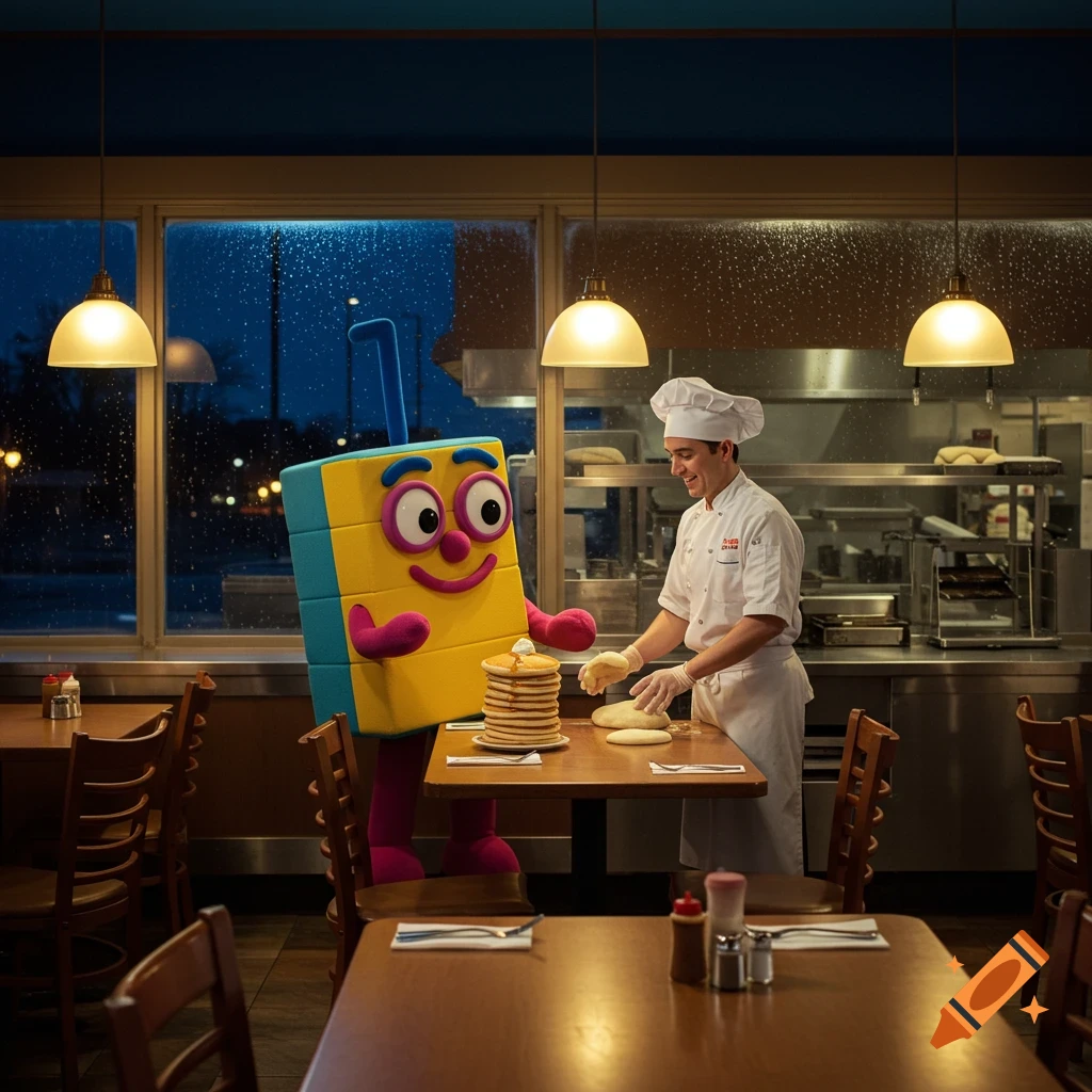 A cartoon Numberblock character and a chef prepare pancakes and dough in a modern restaurant kitchen at night, with rain on the window.
