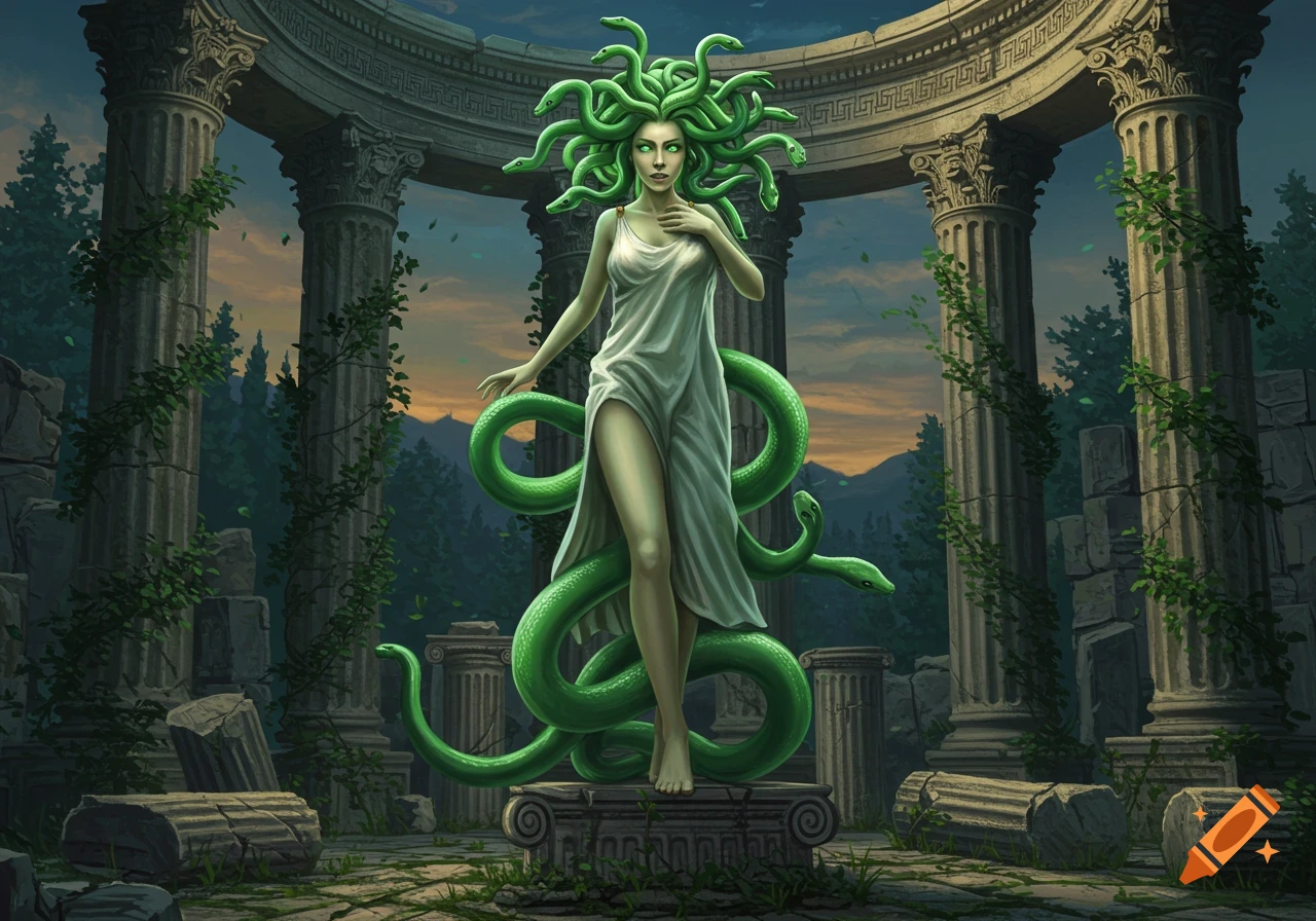 A green-eyed Medusa with snakes for hair stands in a white dress on a pedestal amidst ancient ruins.