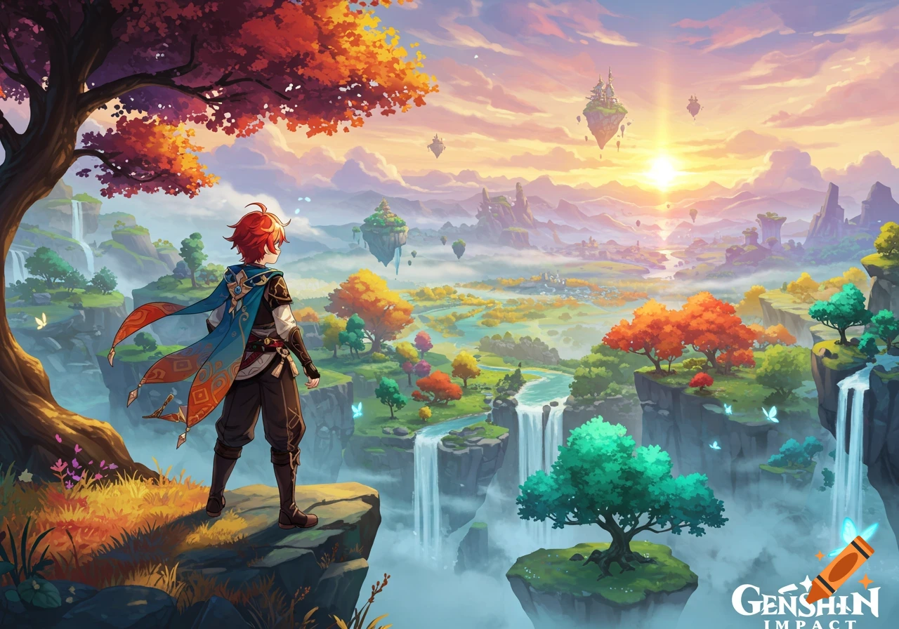 Anime character with red hair and a blue cloak stands on a cliff overlooking a vibrant fantasy landscape with floating islands and waterfalls at sunset.