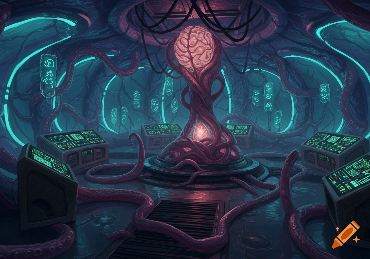 A bio-mechanical chamber with a central brain-like organ, surrounded by tentacles and glowing consoles, in a sci-fi art style.