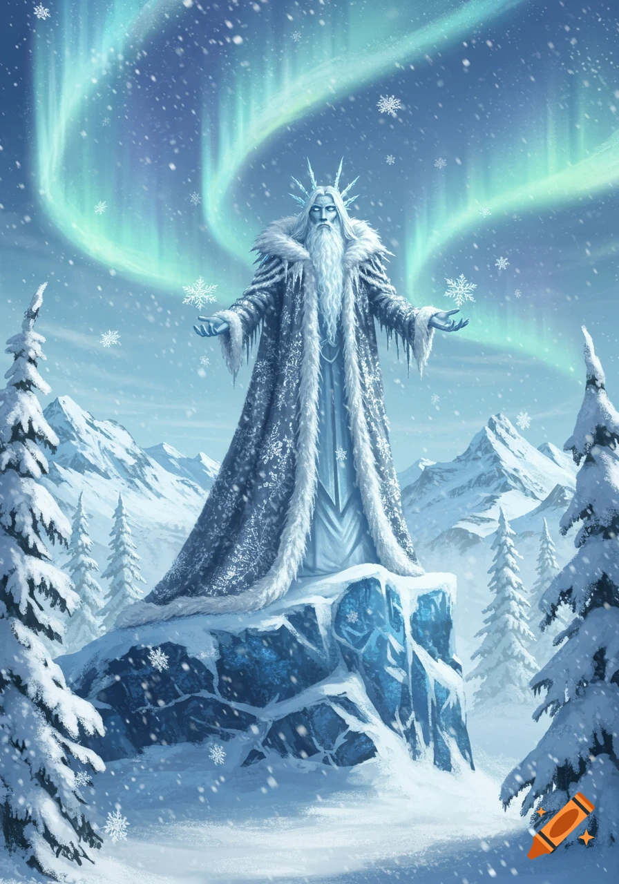 Majestic white-bearded winter god in a frosty cloak stands on an icy peak, conjuring snowflakes under an aurora borealis in snowy mountains.