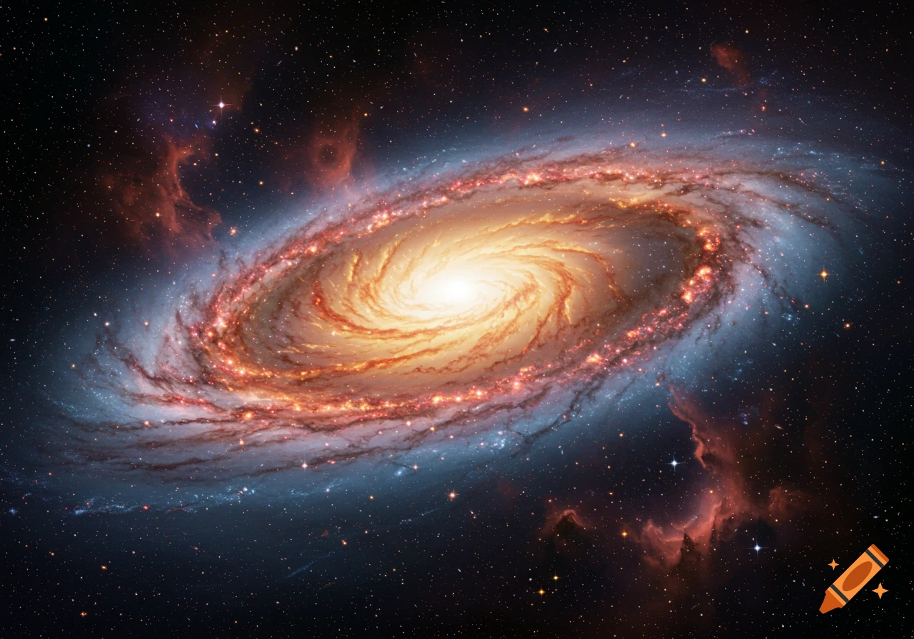 A vibrant spiral galaxy with a bright yellow core, swirling red and blue arms, and surrounding star fields in dark space.