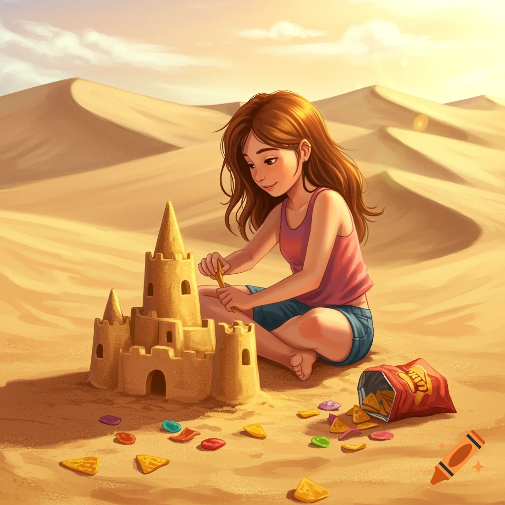 A cartoon girl with brown hair sits in a golden desert, building a sandcastle with a small tool, with a bag of chips beside her.
