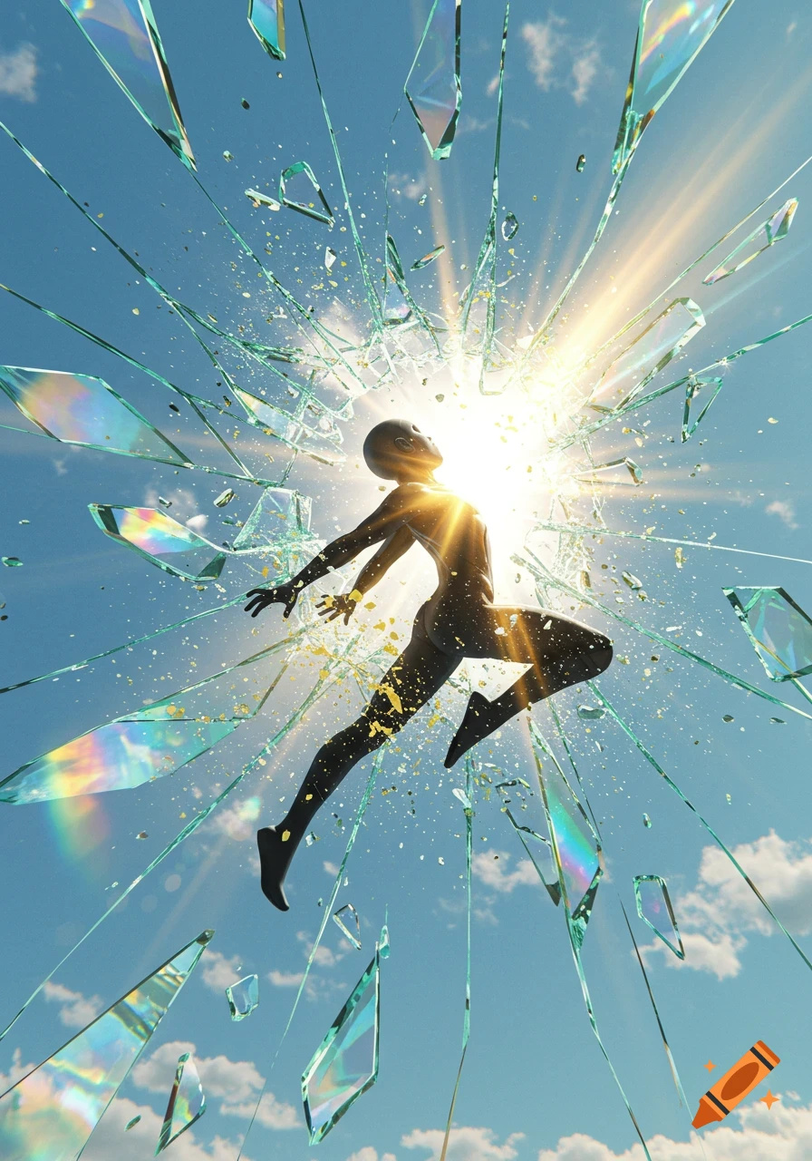 A faceless figure in a dark suit leaps through shattering glass, backlit by bright sun against a blue sky with clouds. Colorful reflections on the glass shards.