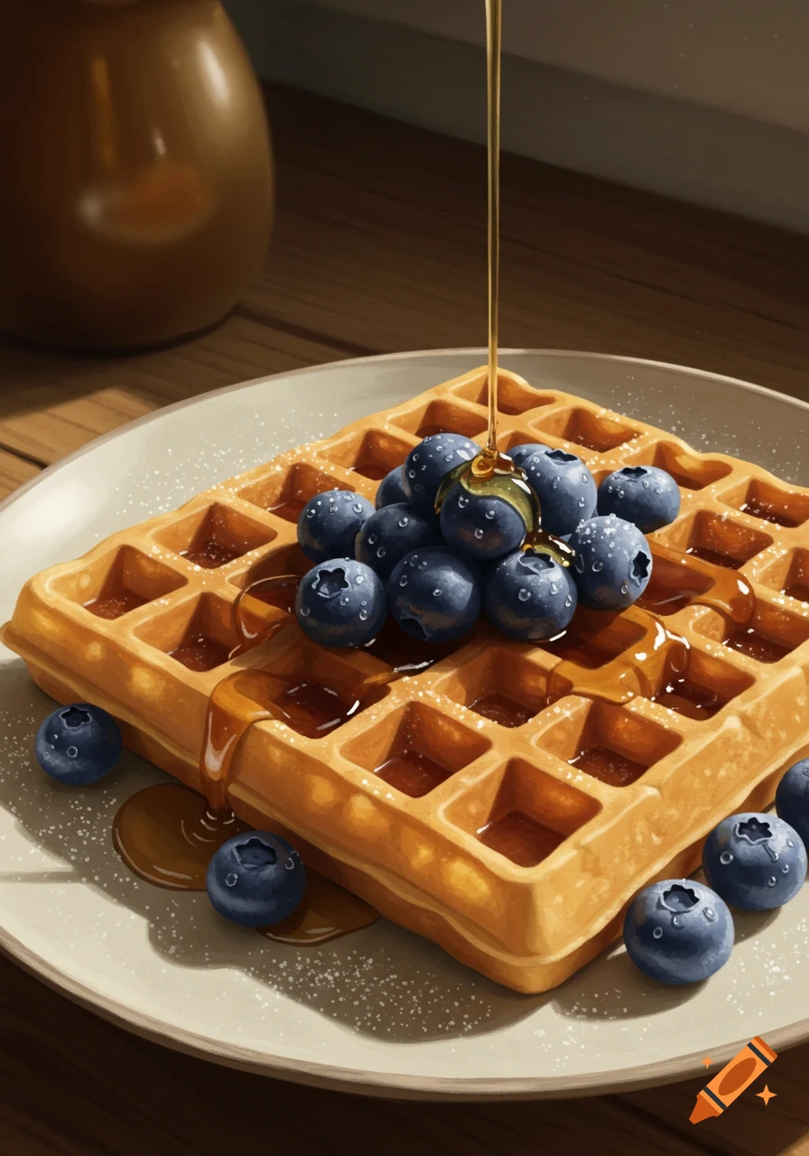 A delicious golden waffle topped with fresh blueberries and drizzled with maple syrup on a white plate.