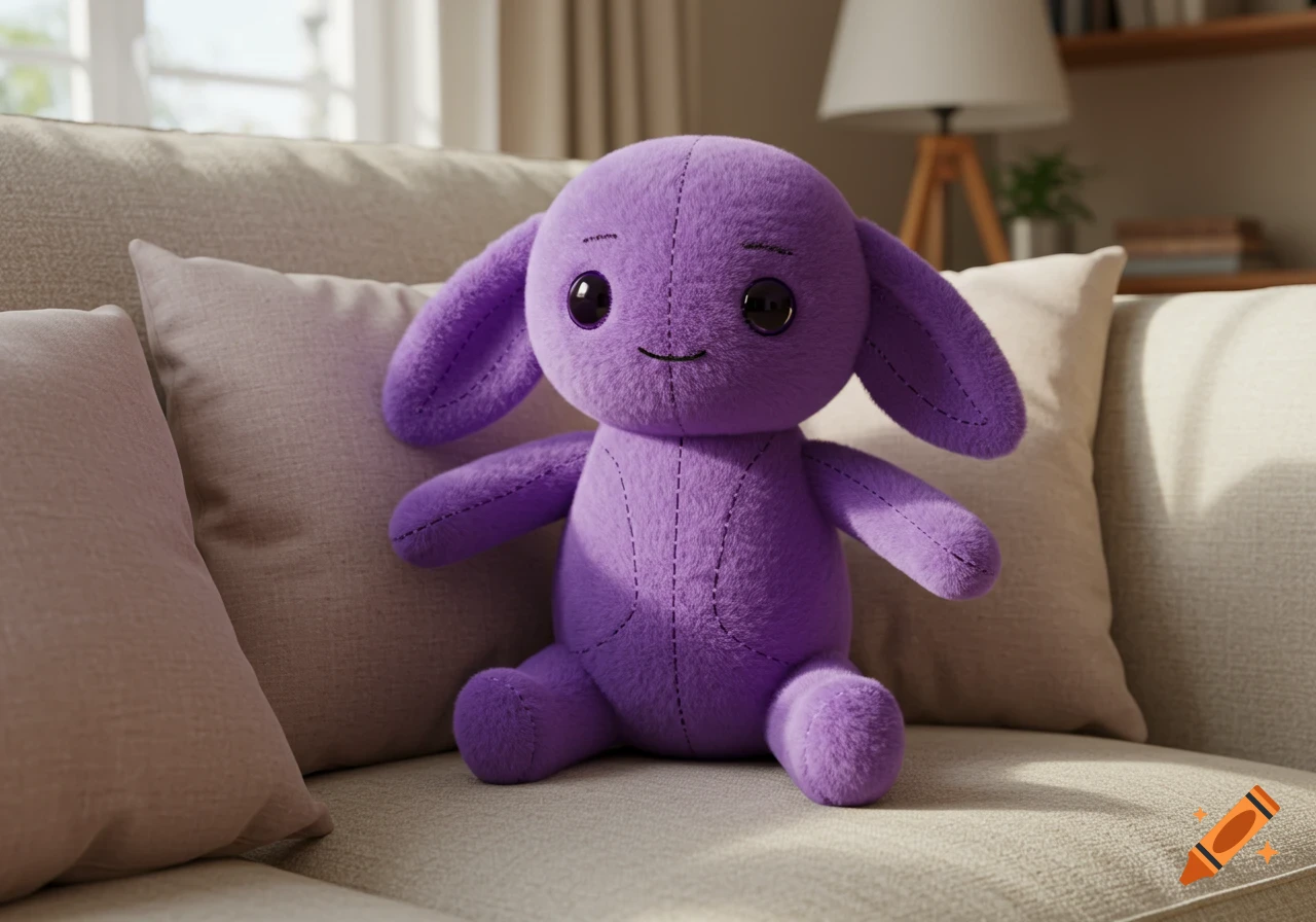 A soft purple plush toy with long floppy ears and large black eyes sits on a beige couch in a well-lit room.