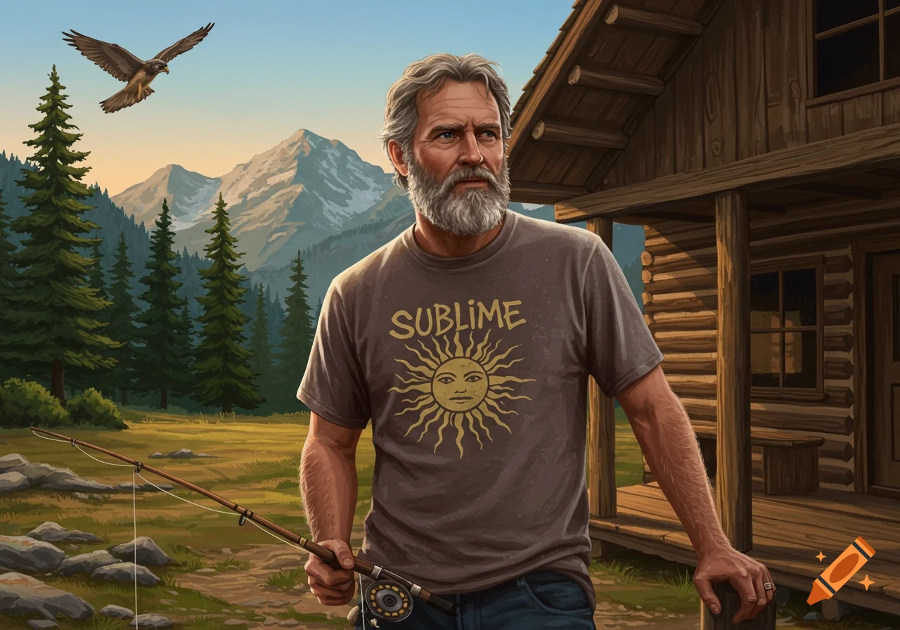 Bearded man in a Sublime t-shirt holding a fishing rod in front of a log cabin and mountains, with a bird flying. Illustrated.