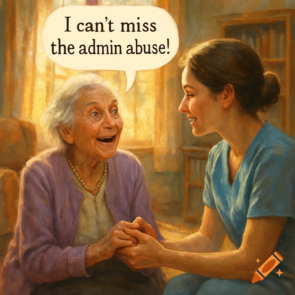 A smiling old woman holding hands with a young carer, with a speech bubble saying 'I can't miss the admin abuse!' in a painterly style.