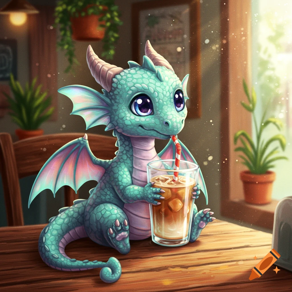 A cute, teal dragon with large purple eyes sips iced coffee through a striped straw at a wooden table in a sunlit cafe.