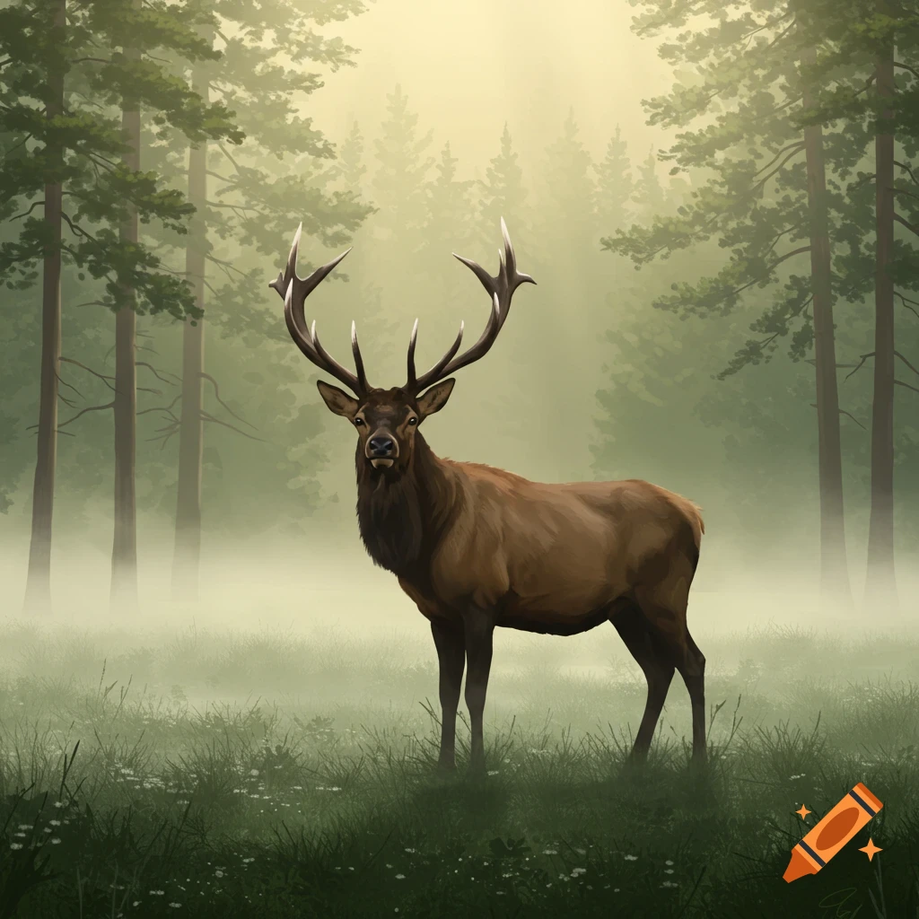 An elk with large antlers stands in a misty forest clearing, looking directly forward. Pine trees are visible in the background.