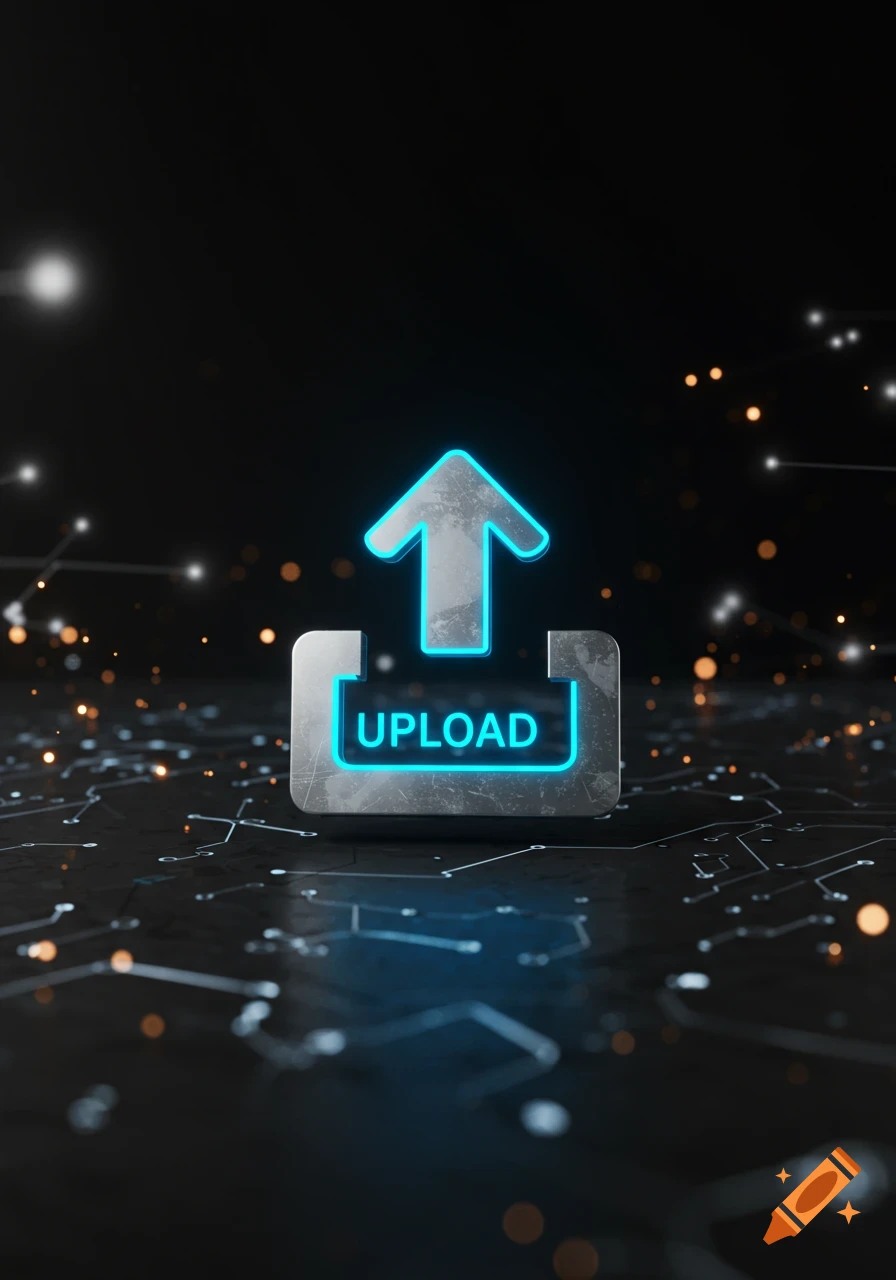 Glowing blue upload icon with the word 'UPLOAD' on a metallic base, against a dark digital circuit background with light particles.