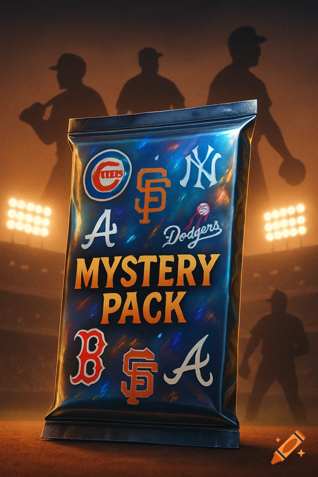 A close-up of a holographic baseball mystery pack with various MLB team logos and 'MYSTERY PACK' text on a baseball field at night, with player silhouettes and stadium lights in the background.