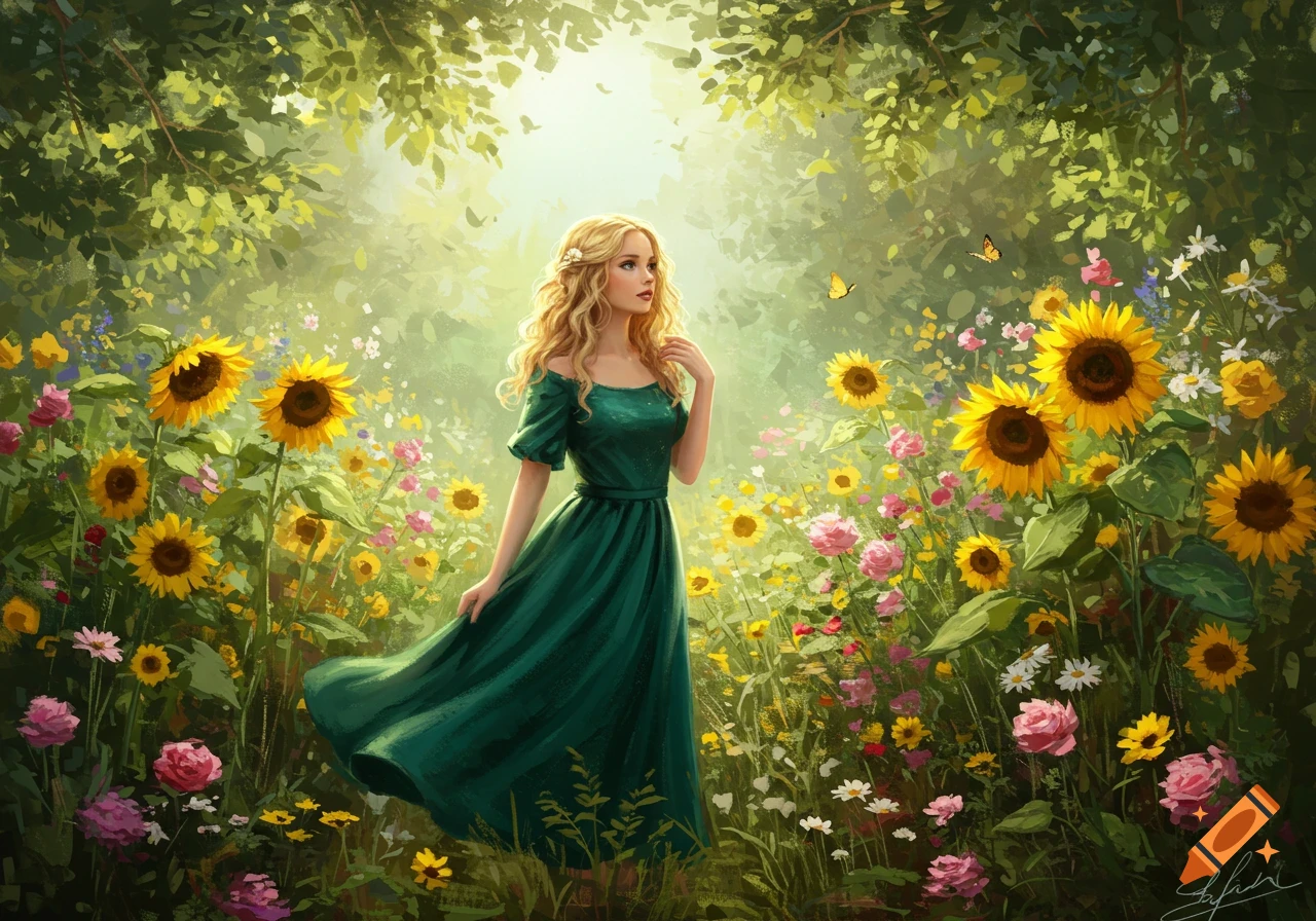 A blonde woman in a green dress stands in a vibrant garden filled with sunflowers and roses, in an impressionist painting style.