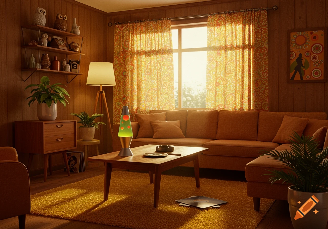 A warm, sunlit 70s-style living room with wood-paneled walls, an orange sectional sofa, a shag rug, and a lava lamp on a coffee table.