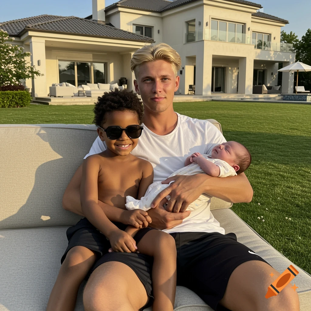 A man holds a baby while a young boy sits on his lap, smiling, in a sunny mansion backyard.