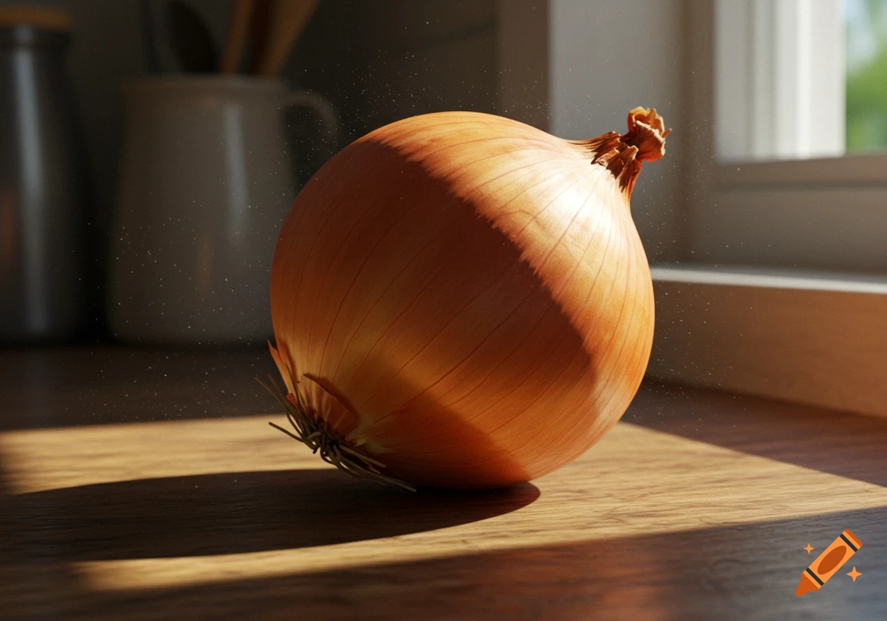 A photorealistic yellow onion on a wooden countertop, lit by sunlight from a window, with visible dust motes.